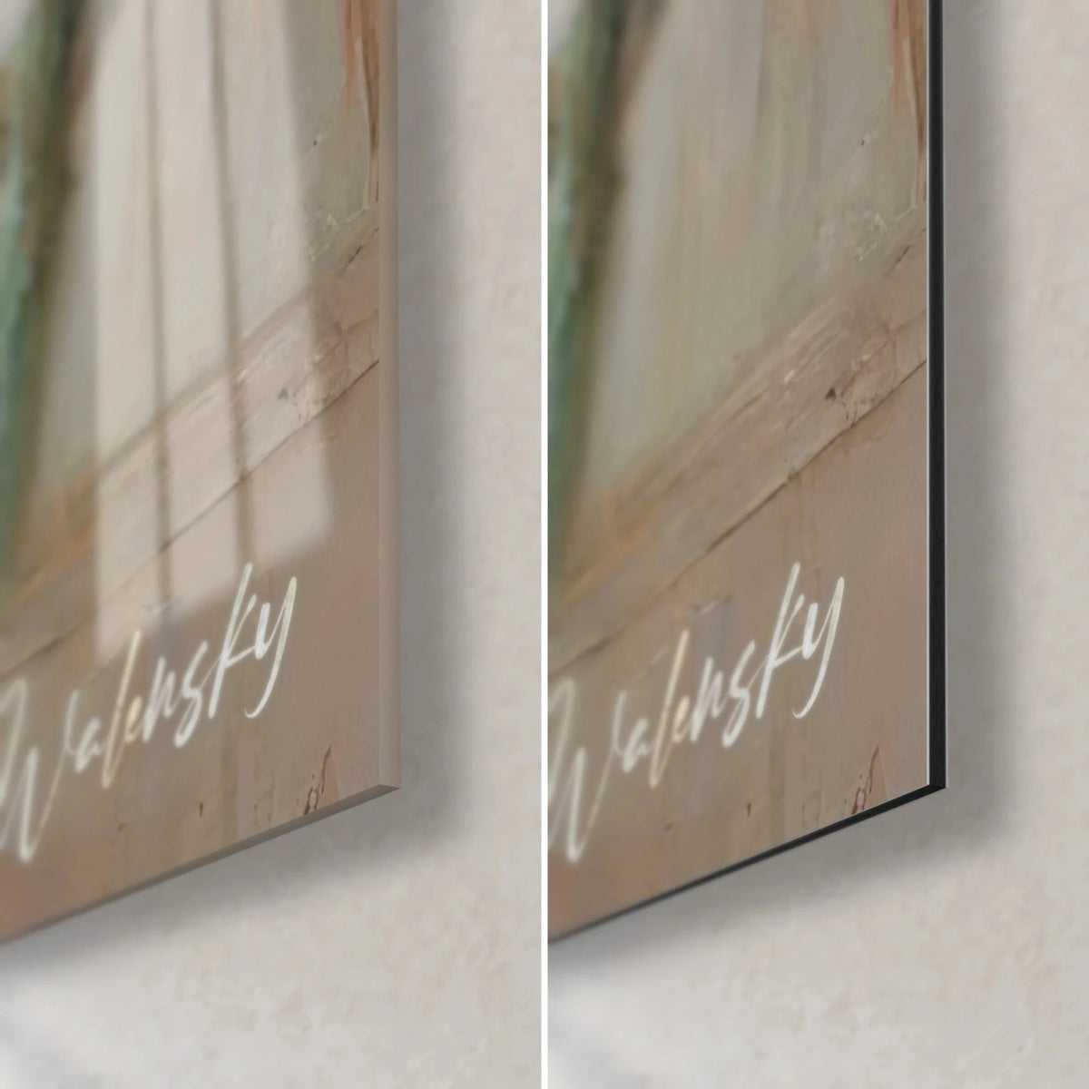 Wall art cactus with white flowers, bottom right corner: glossy acrylic glass on the left, matte beige Dibond on the right, 3 mm edge