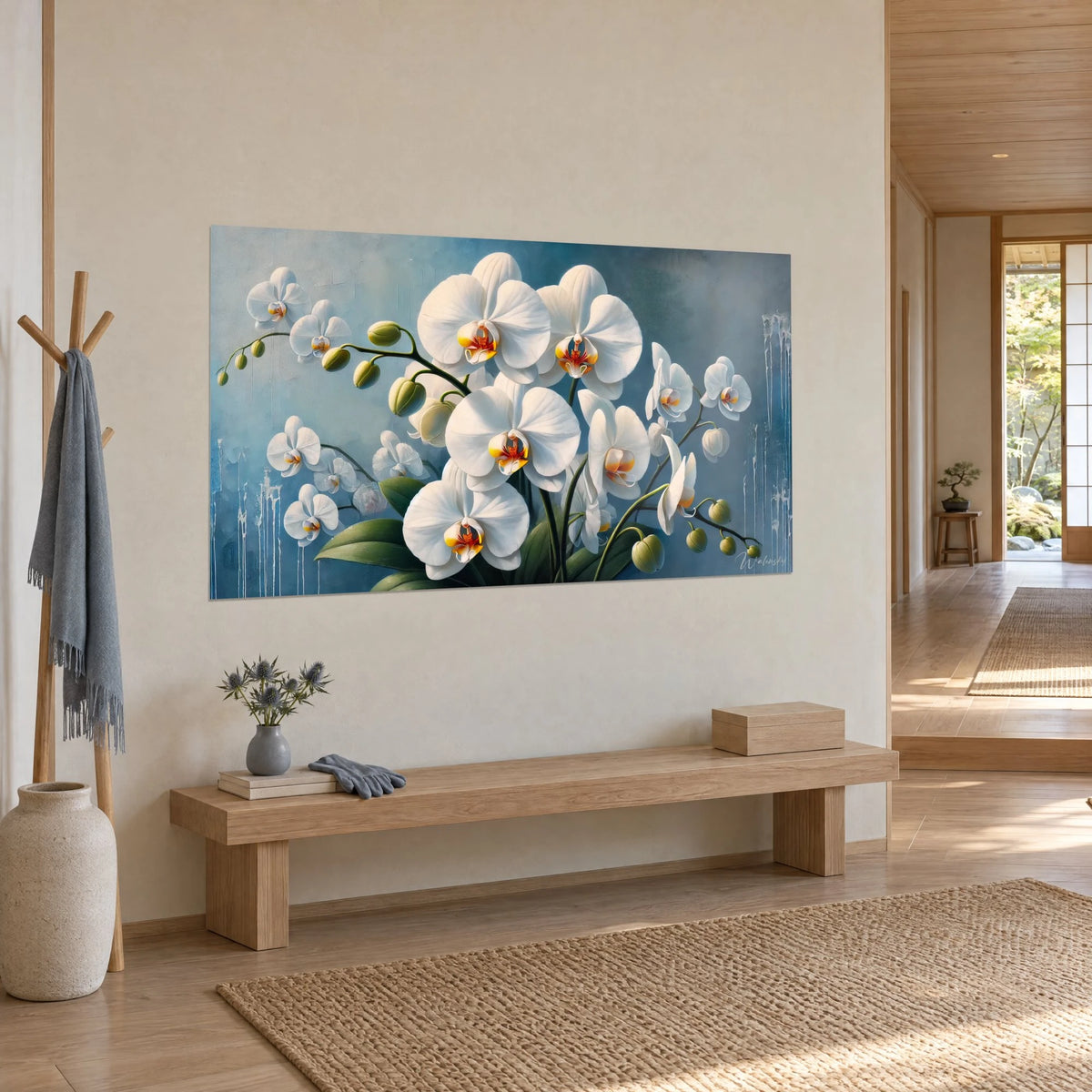 Wall art cluster of ivory blooms, green buds and pale drips on steel blue, hung in a Japandi hallway