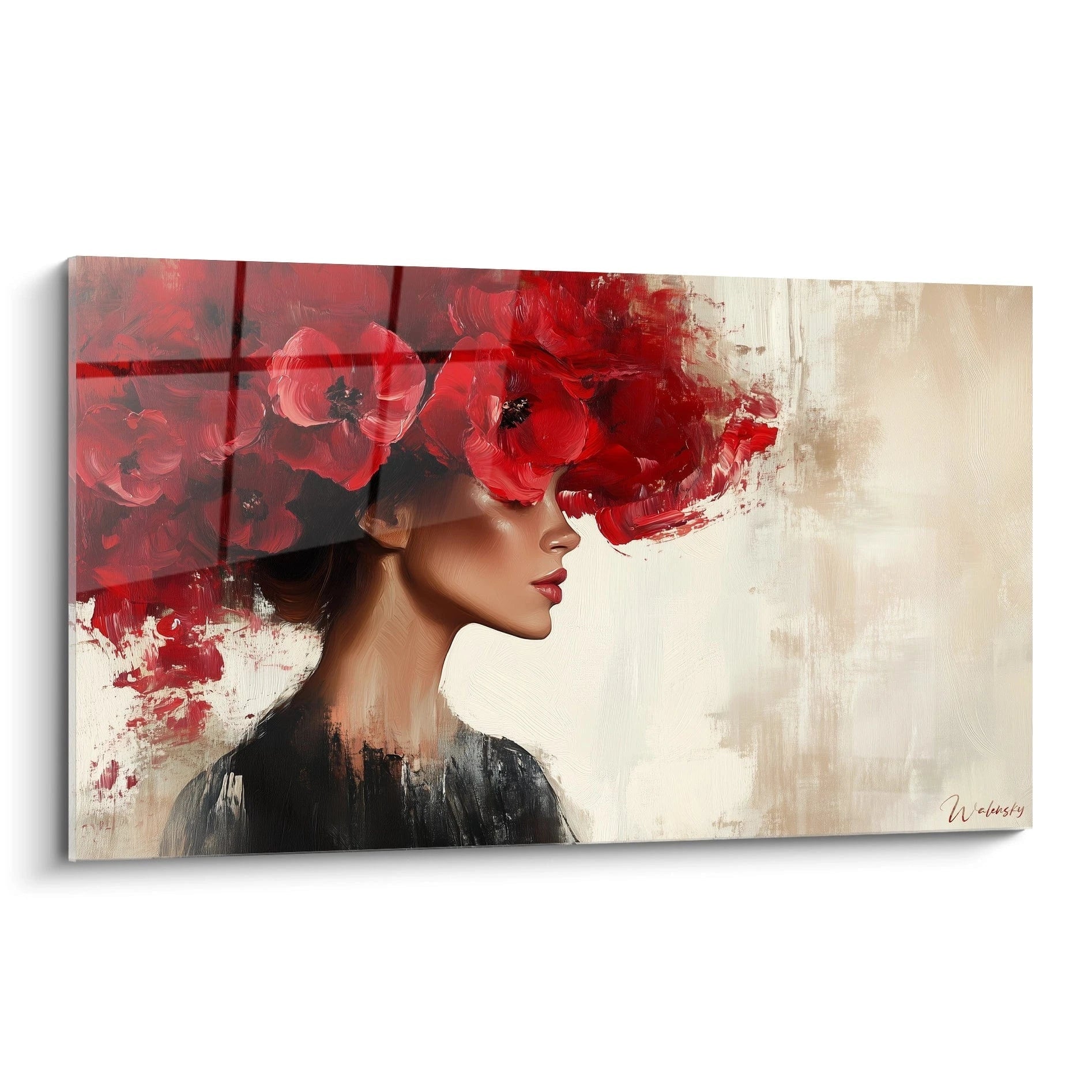 Un tableau femme coquelicots présentant un profil féminin élégant dont la chevelure se transforme en fleurs rouges éclatantes, avec des coups de pinceau texturés sur fond beige crémeux et des contrastes saisissants entre douceur et intensité.
