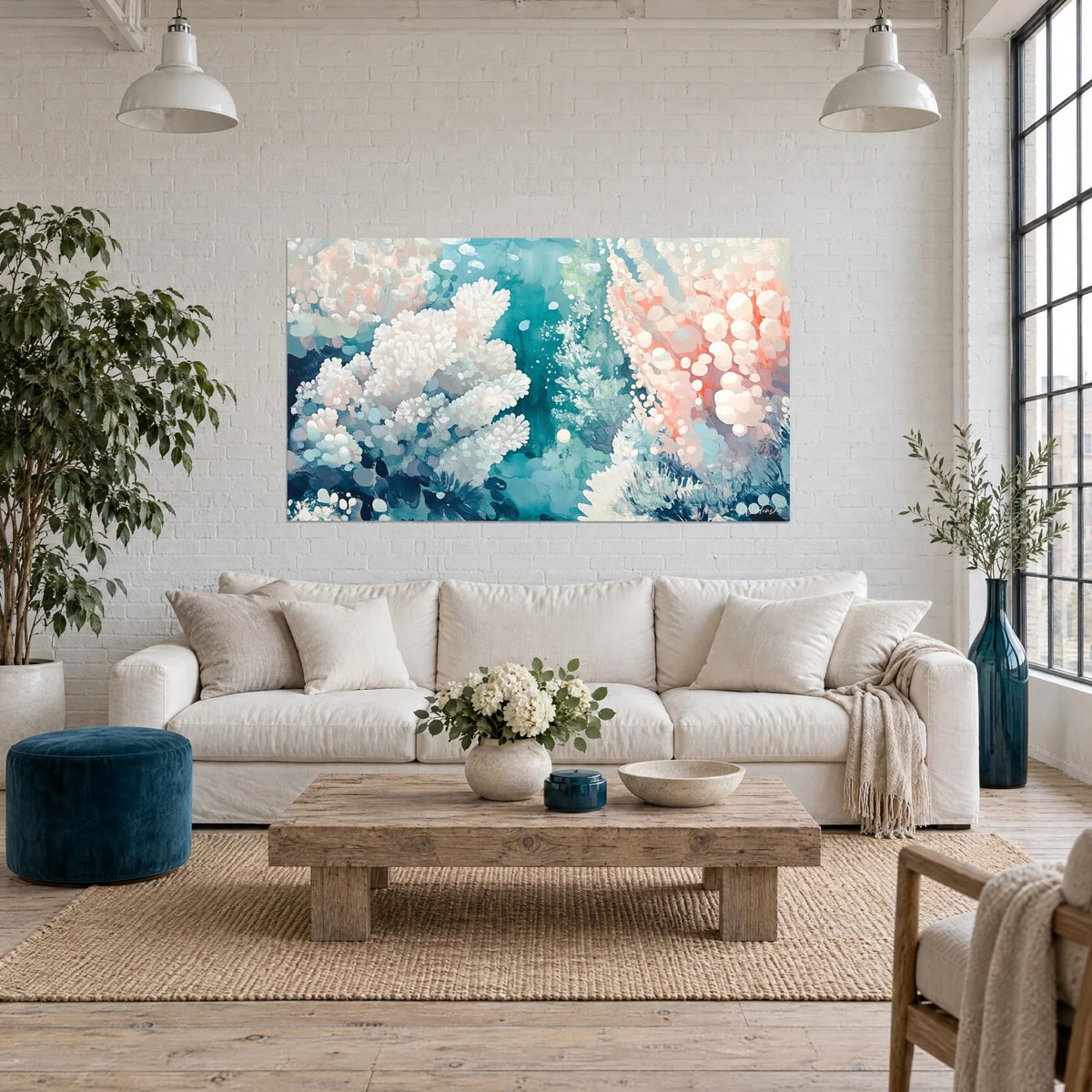 Tableau coraux blancs duveteux sur fond turquoise, grappes corail et rose pâle, au-dessus d'un canapé dans un salon lumineux