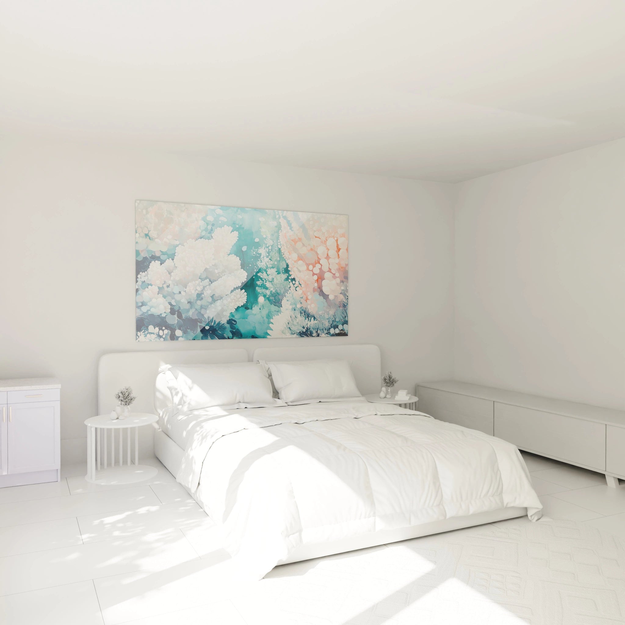 Un tableau sous-marin évoquant un monde corallien abstrait composé de structures blanches lumineuses flottant dans un espace turquoise intense, avec des effets de transparence rappelant les profondeurs marines et des nuances corail ajoutant une dimension chaleureuse.
