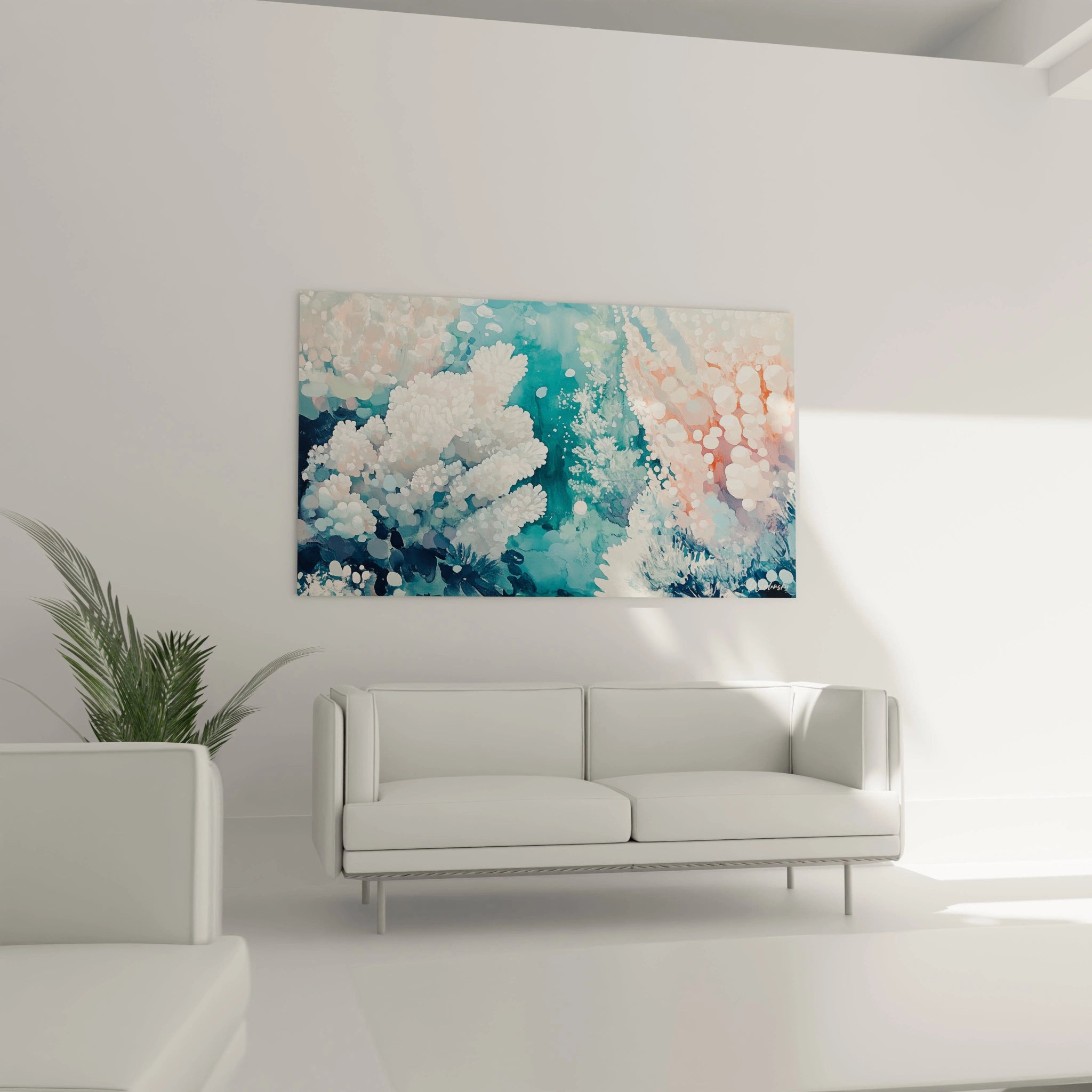 Un tableau marin aux teintes turquoise présentant des formations coralliennes blanches texturées qui semblent danser dans les profondeurs, créant un rythme visuel apaisant complété par des touches de rose corail lumineux sur le côté droit.
