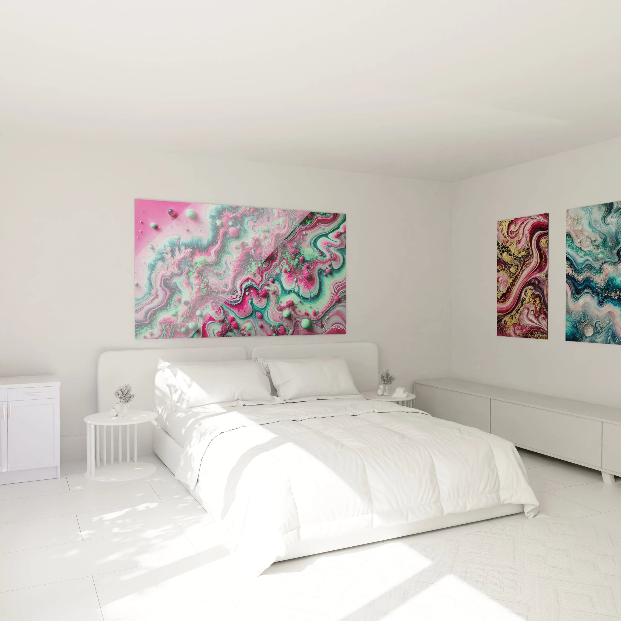 Ce tableau style epoxy au-dessus du lit crée une ambiance énergique et moderne. Les couleurs contrastées de rose et vert dynamisent l’espace, tout en offrant un effet brillant grâce à la résine.

