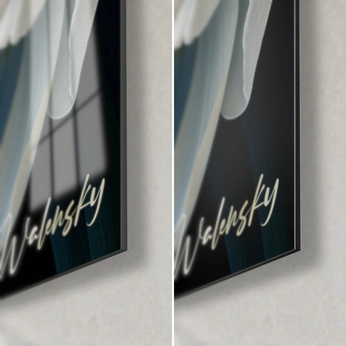 Tableau tulipes ivoire et bleu sur fond noir, signature Walensky dorée, coin en verre brillant et Dibond mat, tranche 3 mm