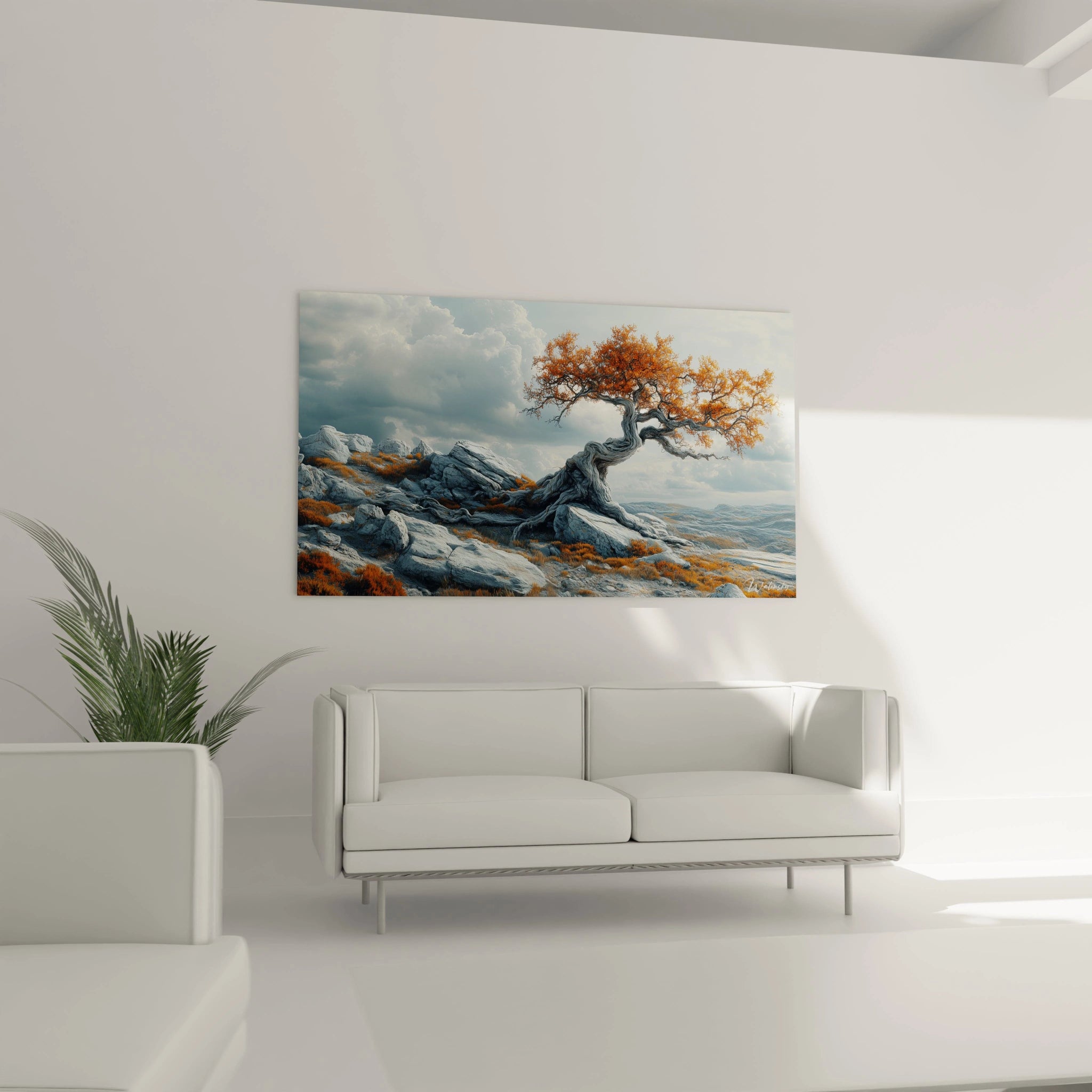 Un tableau arbre résistant capturant la force d'un spécimen solitaire aux feuilles flamboyantes, dont le tronc serpente à travers des rochers gris-bleu massifs, avec une végétation éparse orangée parsemant la surface minérale.
