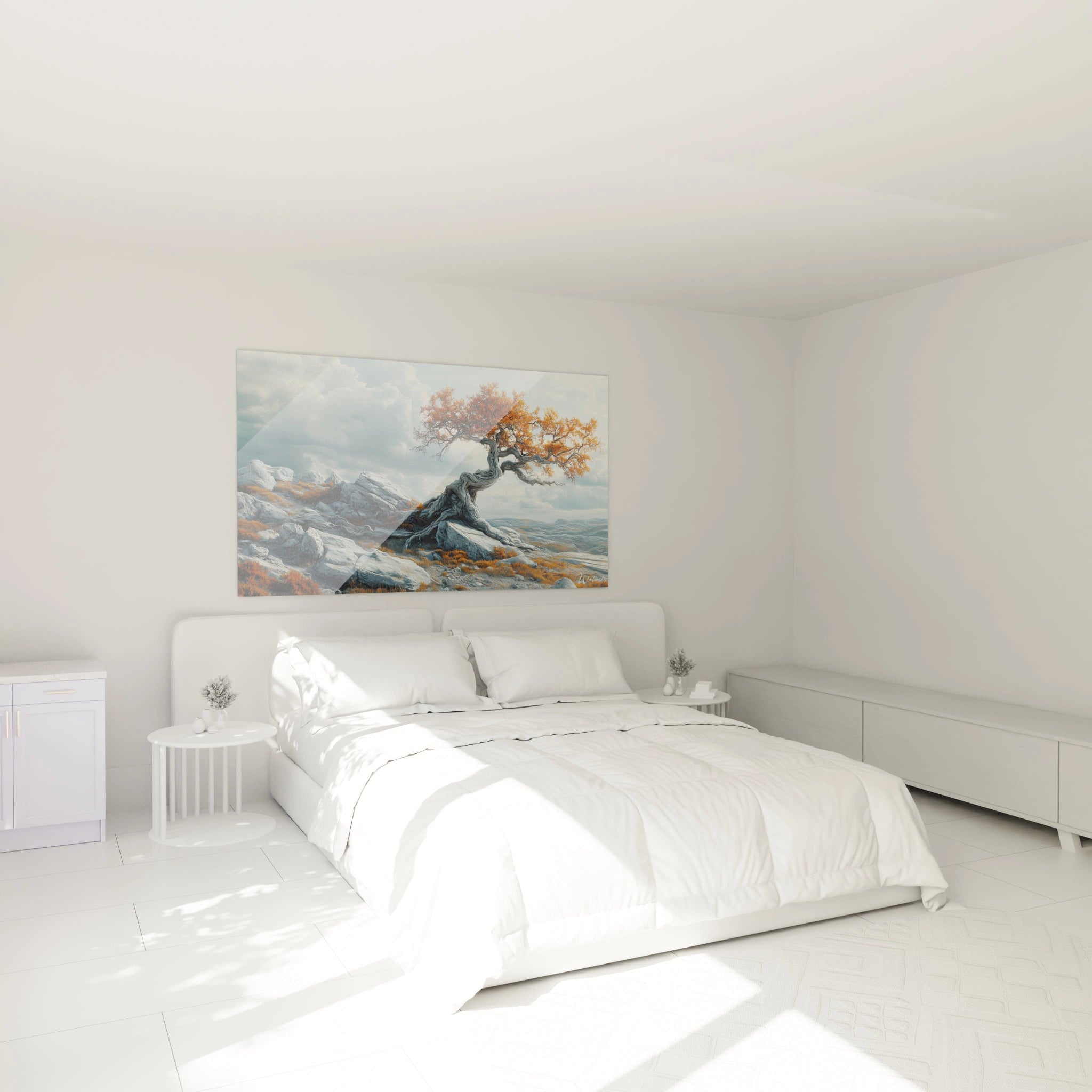 Un tableau paysage minimaliste montrant un arbre automnal aux racines entrelacées dans la roche grise, créant un contraste saisissant entre le feuillage orange vif et les formations pierreuses sous un ciel chargé.
