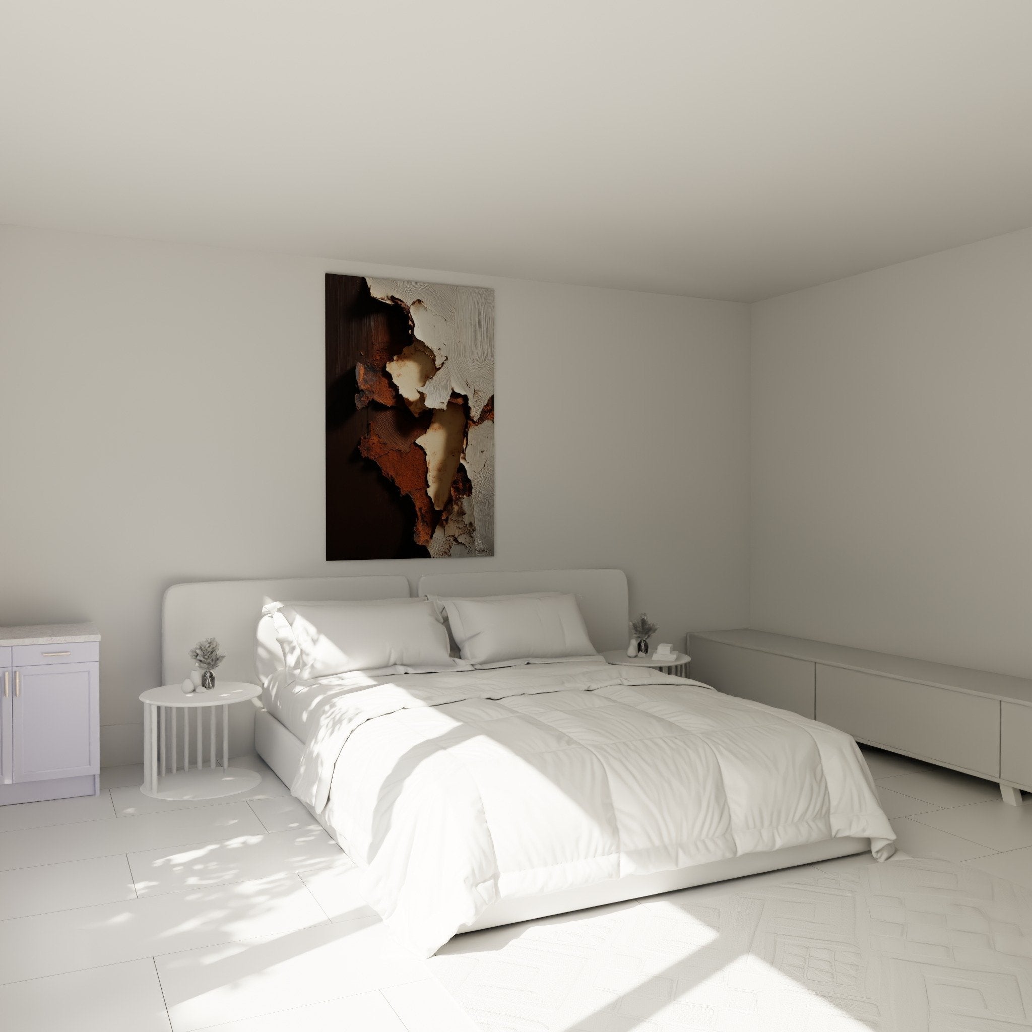 Abstract painting white bark ochre in master bedroom zen feng shui northeast atmosphere