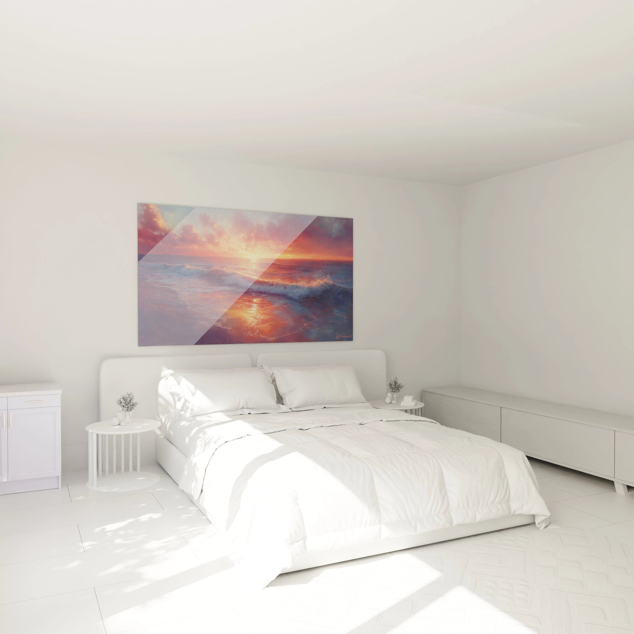 Tableau coucher de soleil spectaculaire présentant un horizon océanique embrasé de teintes orangées et rougeâtres, des nuages texturés dans un ciel crépusculaire, des reflets dorés scintillant sur les vagues, avec une composition horizontale équilibrée.
