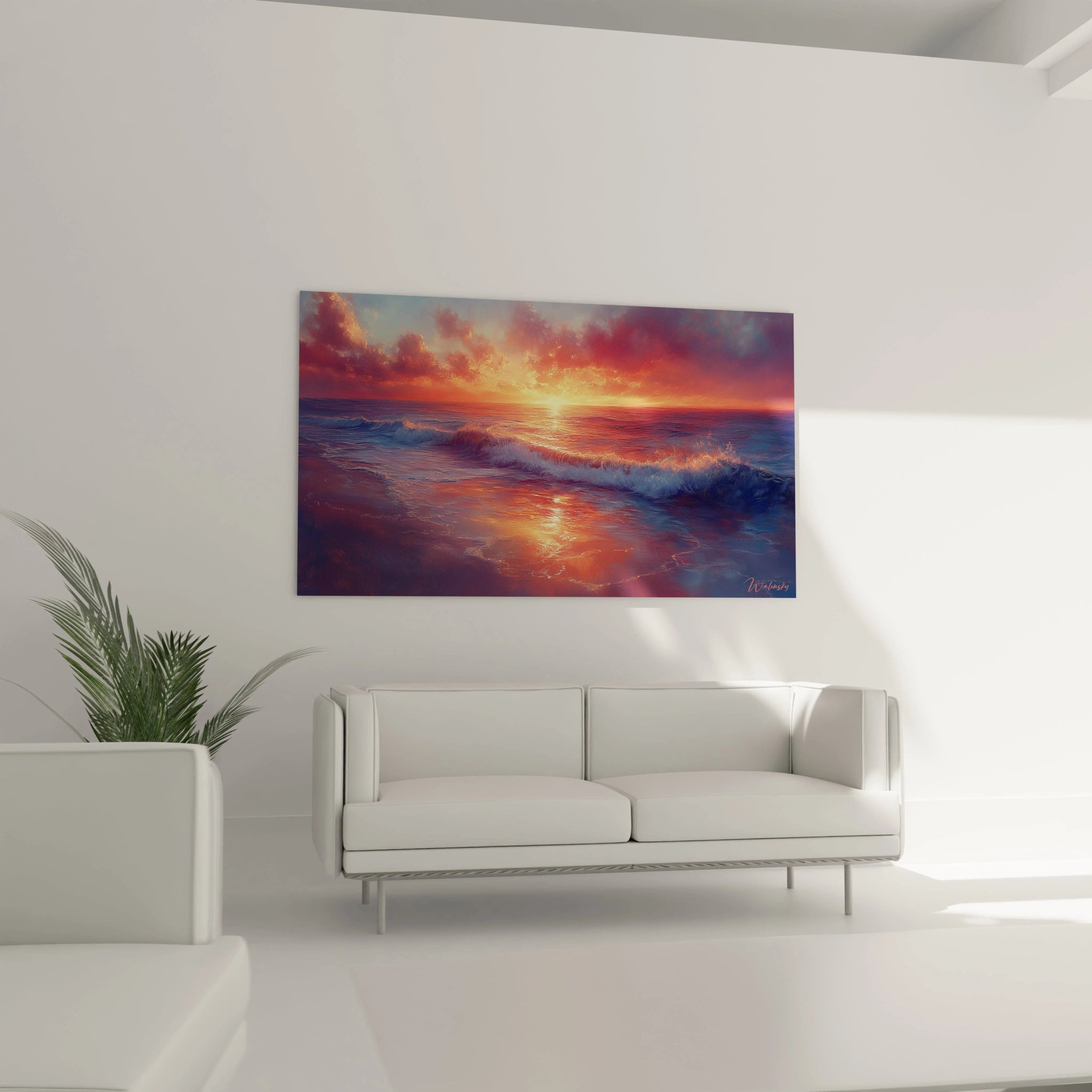 Un tableau représentant un coucher de soleil sur mer aux couleurs flamboyantes, dominé par des oranges éclatants et rouges profonds dans le ciel, un soleil central diffusant une lumière dorée sur l'eau bleue, avec des vagues détaillées au premier plan.
