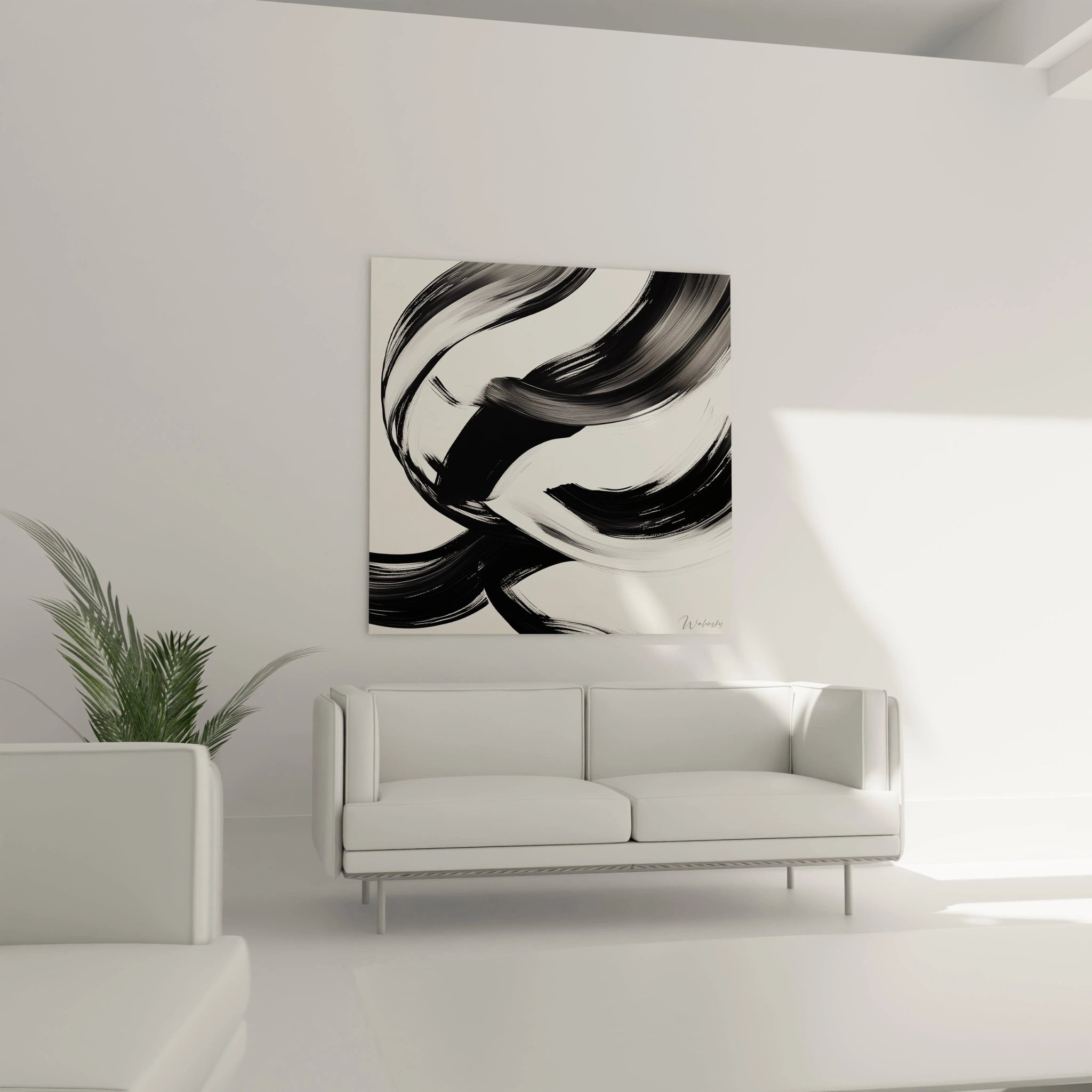 Un tableau rayures noir et blanc gestuel caractérisé par des traces amples et rythmées évoquant une danse visuelle. Les lignes noires sinueuses varient en épaisseur et en intensité, formant des motifs fluides qui traversent l'espace blanc avec une texture visible des coups de pinceau.
