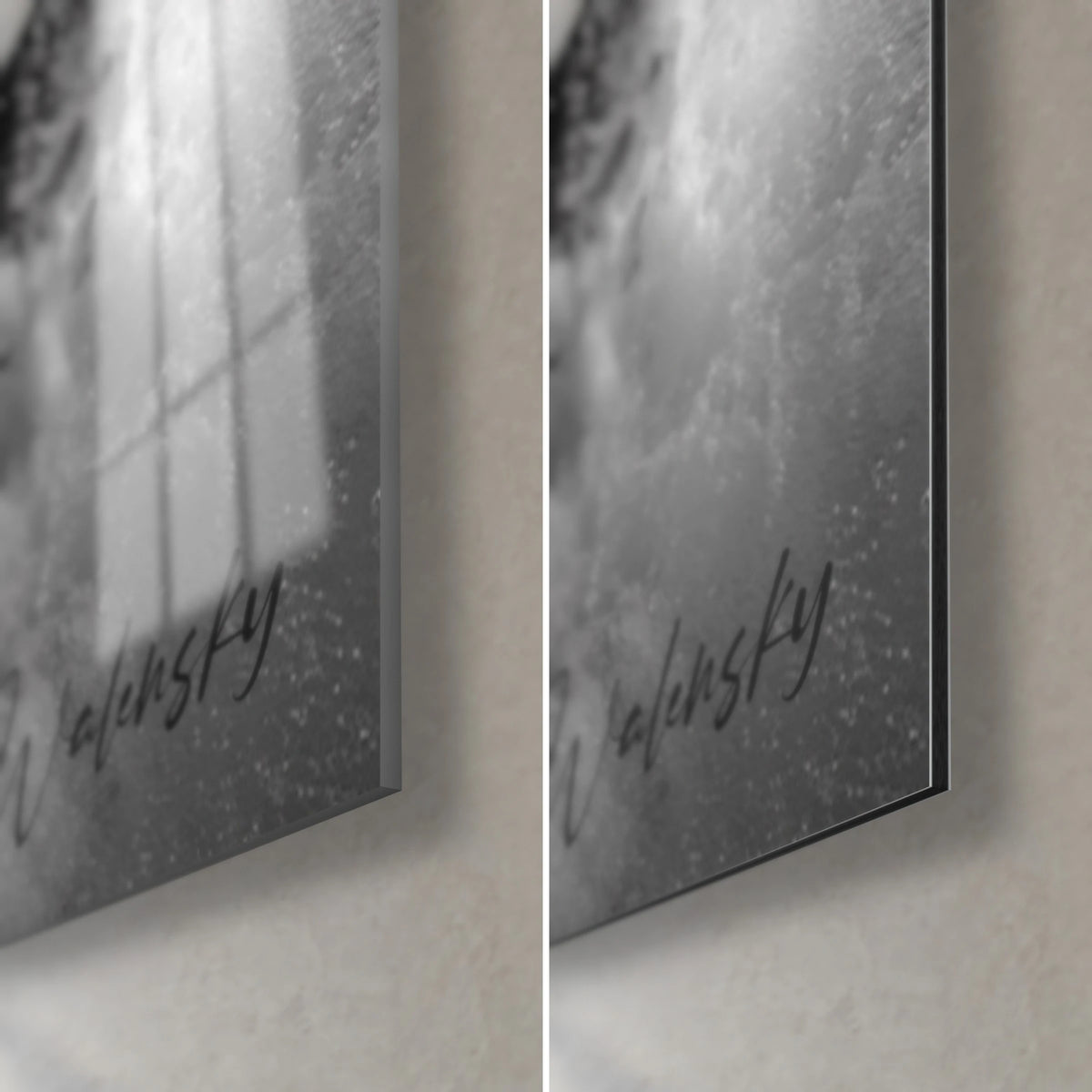 Wall art black and white breaking wave on basalt columns, bottom right corner: glossy acrylic glass on the left, matte Dibond on the right, 3 mm edge