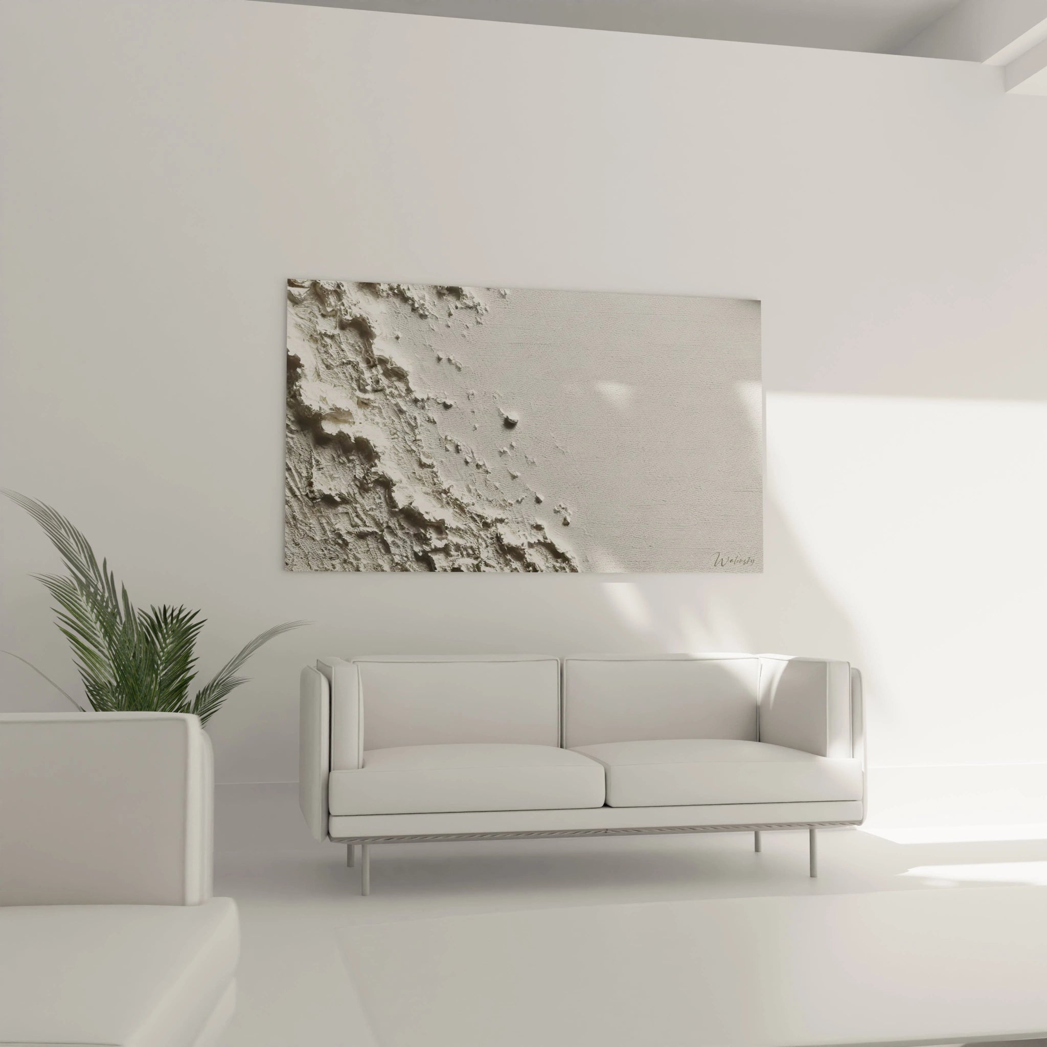 tableau minimaliste abstrait au dessus d un canapé dans un salon moderne palette monochromatique blanc gris beige texture brute apportant une touche de sérénité et de sophistication au décor

