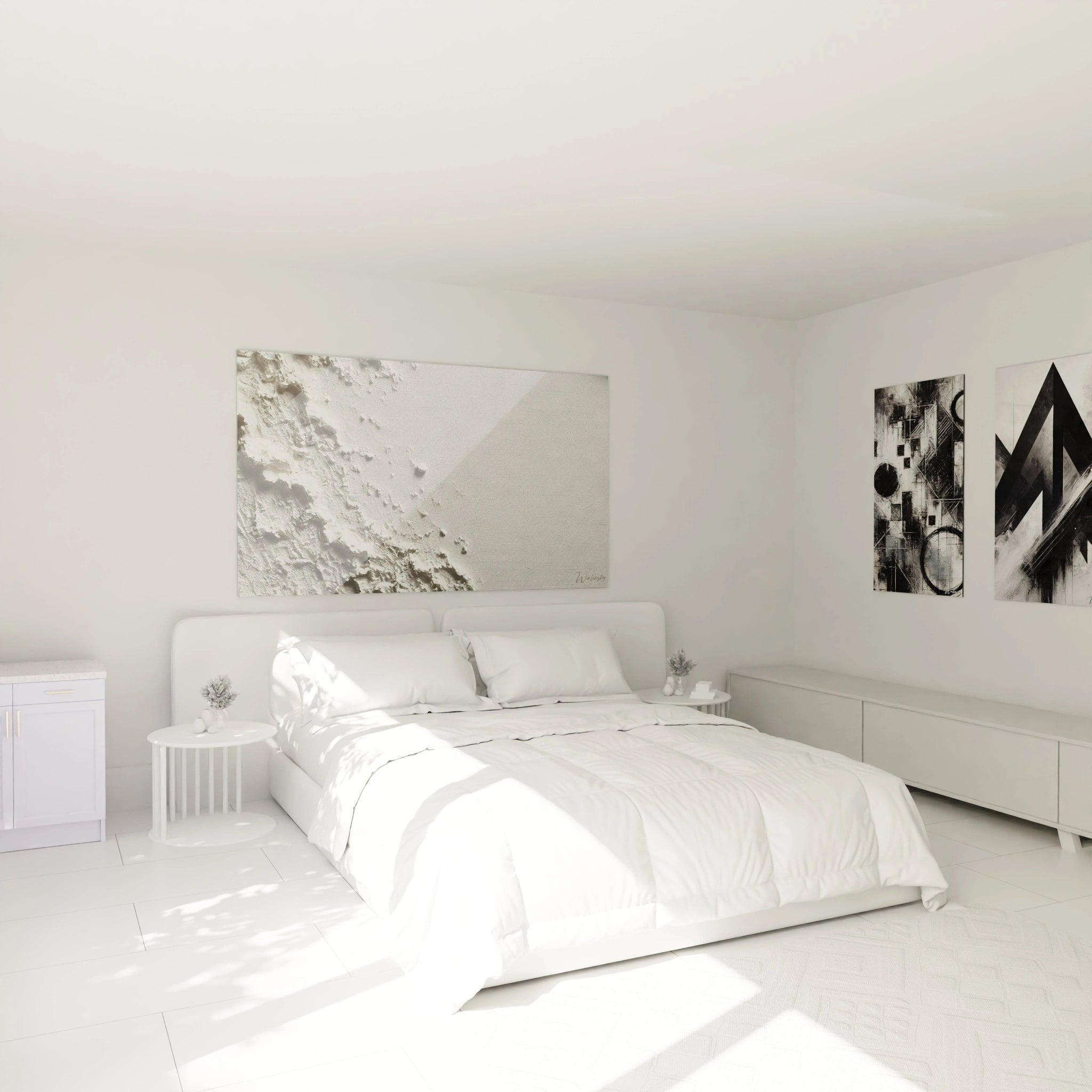 tableau minimaliste abstrait accroché au mur au dessus du lit dans une chambre ambiance apaisante tons blancs gris et beiges créant une atmosphère de calme idéal pour favoriser le repos et la détente

