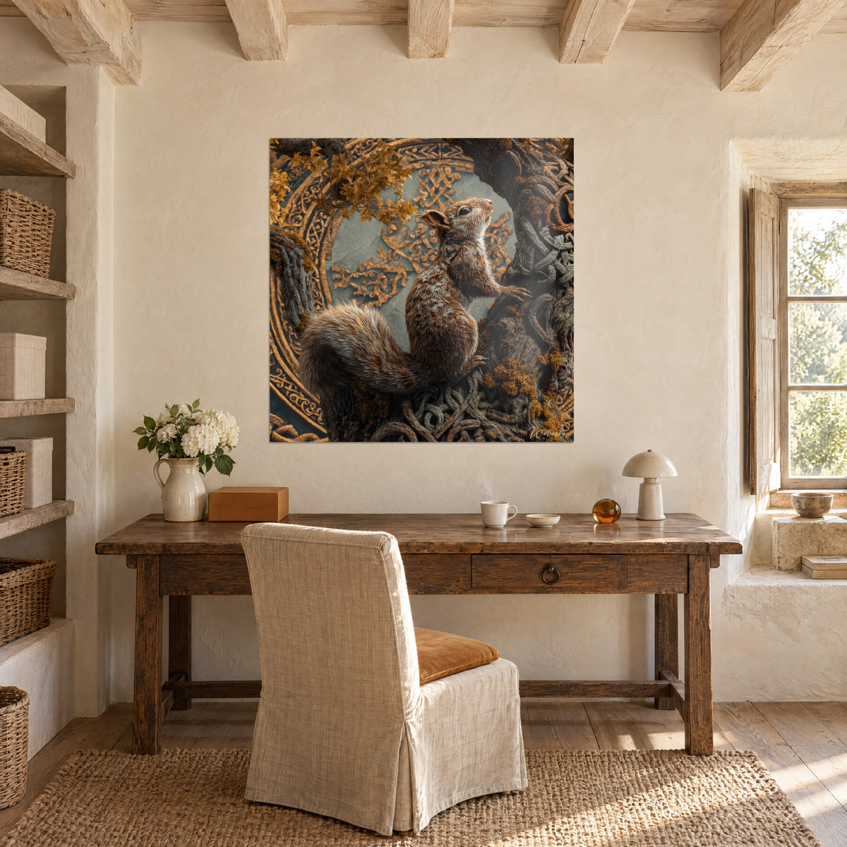 Wall art ornamental squirrel in regal pose, paws on the gnarled trunk, golden Celtic circle on a blue-grey background, above a wooden desk