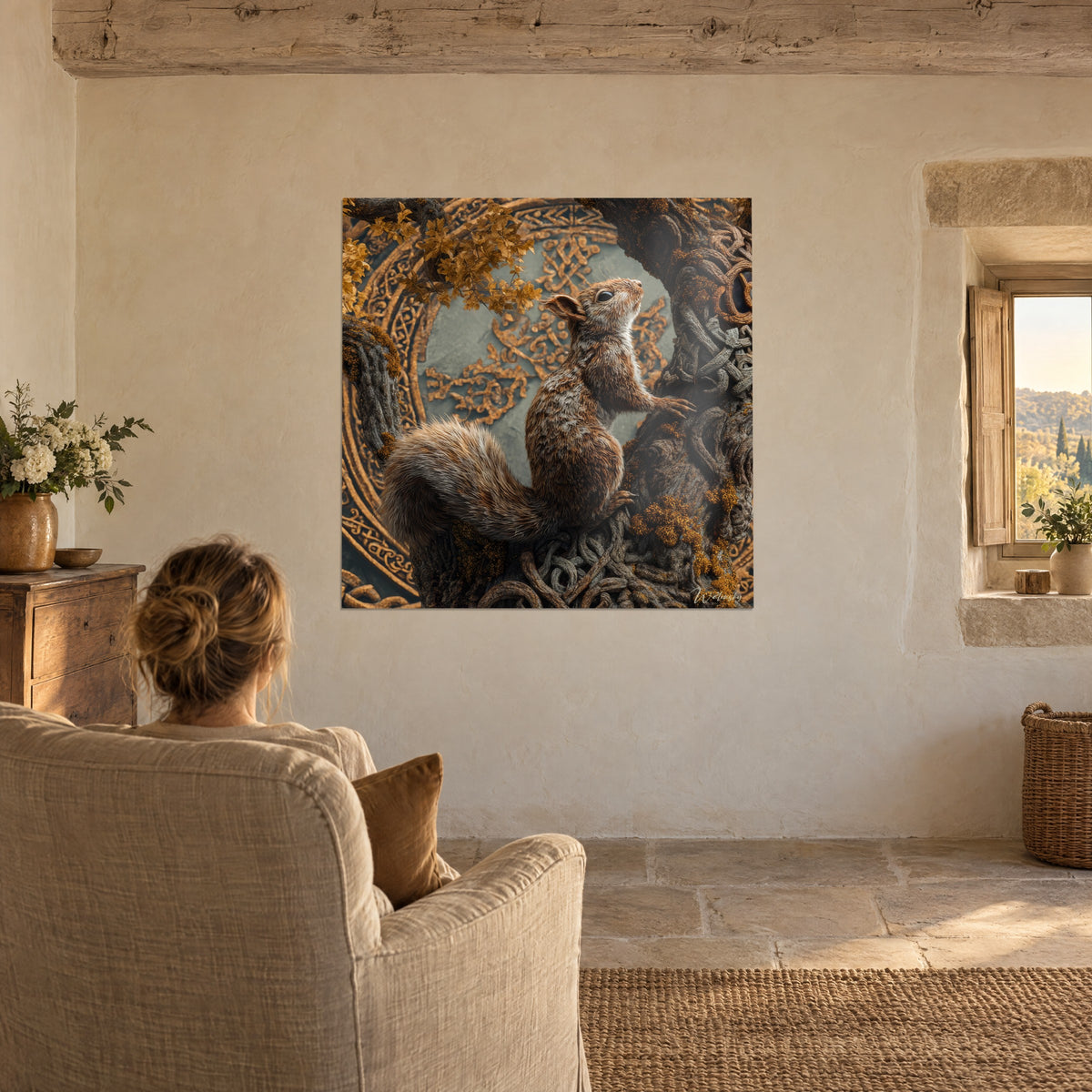 Wall art Celtic squirrel, ear pricked up, amber leaves at the top left, chiselled gold motifs, seen from a linen armchair