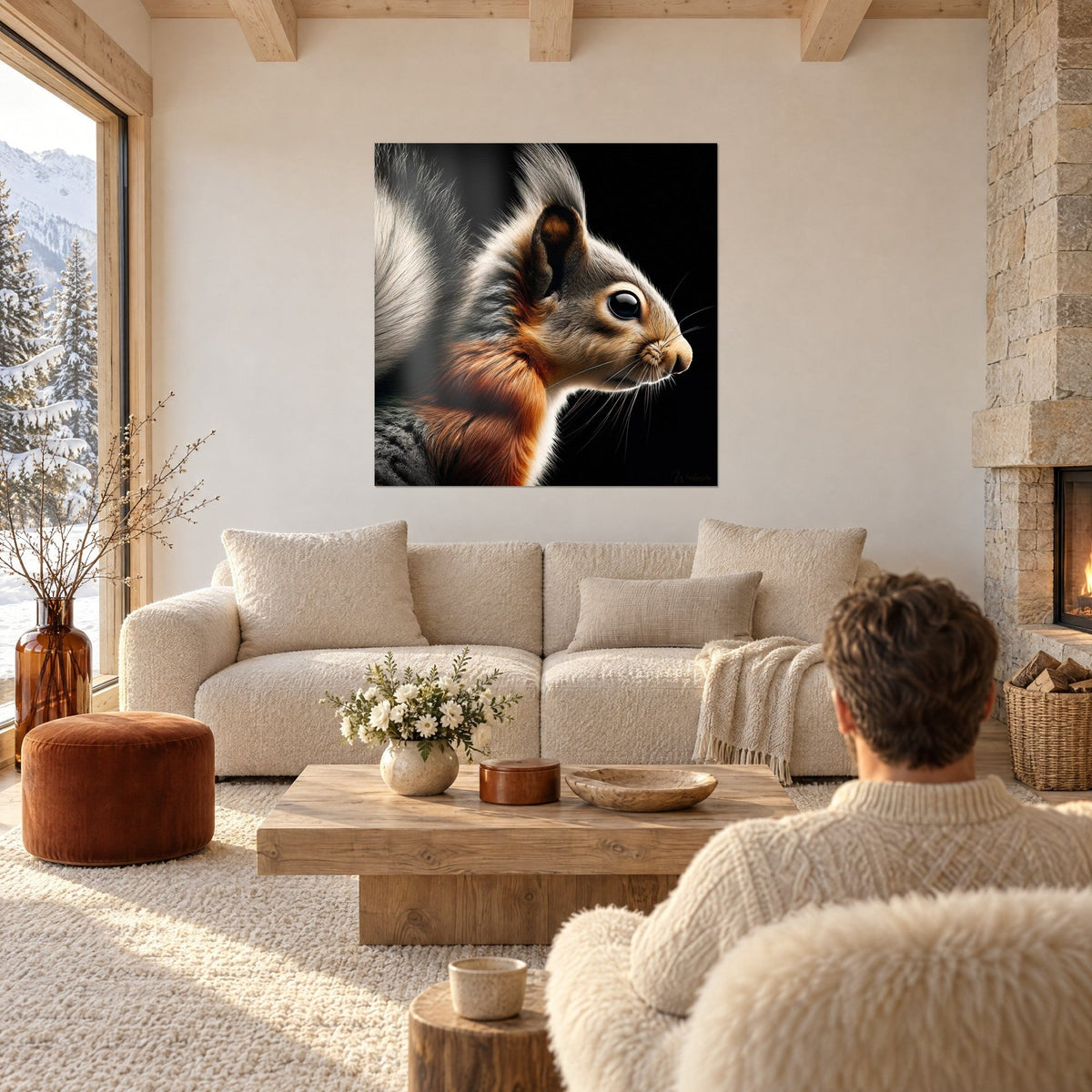 Gemälde Eichhörnchen im Profil, Fell in Ebenholz und Weiß auf schwarzem Hintergrund, über einem Sofa in einem hellen Wohnzimmer