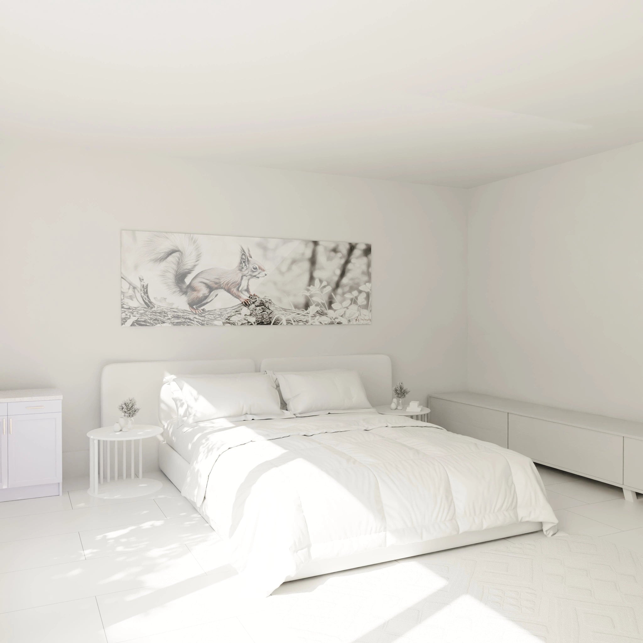 Tableau écureuil de Walensky accroché au mur dans une chambre lumineuse et minimaliste