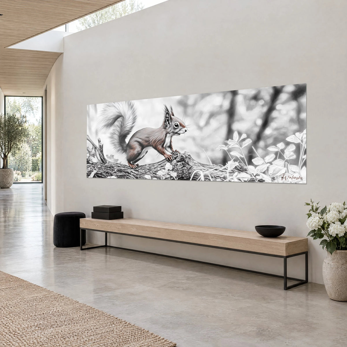 Wall art rodent with coppery brown flanks and a white belly, mossy trunk and pale leaves, seen three-quarter view on a cream wall