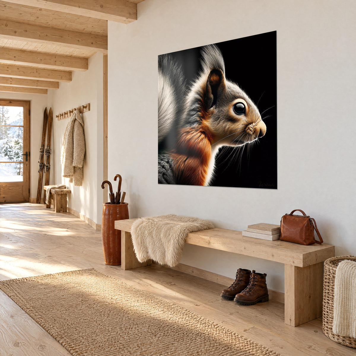 Tableau rongeur aux oreilles en pinceau, œil noir brillant et poitrail orangé, mur blanc d'une entrée en chalet