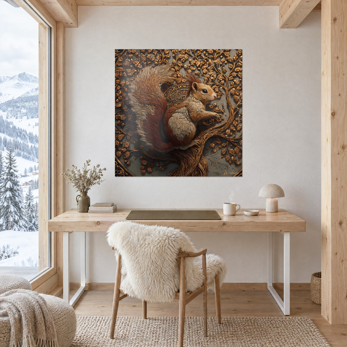 Tableau écureuil au regard noir brillant, museau rose, ventre crème, motifs gravés ambrés, sur un mur blanc au-dessus d'un bureau clair