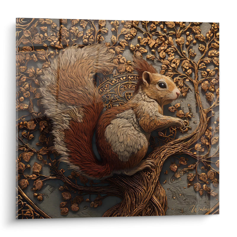 Golden Squirrel Relief Wall Art - Ornamental Engraving - Squirrel Edition