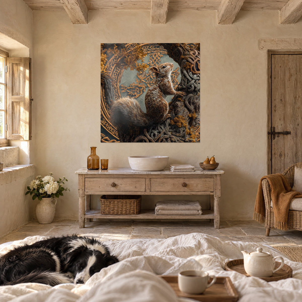 Wall art climbing red squirrel, muzzle raised toward golden-yellow foliage, carved knots on the trunk, above a bed in a light bedroom