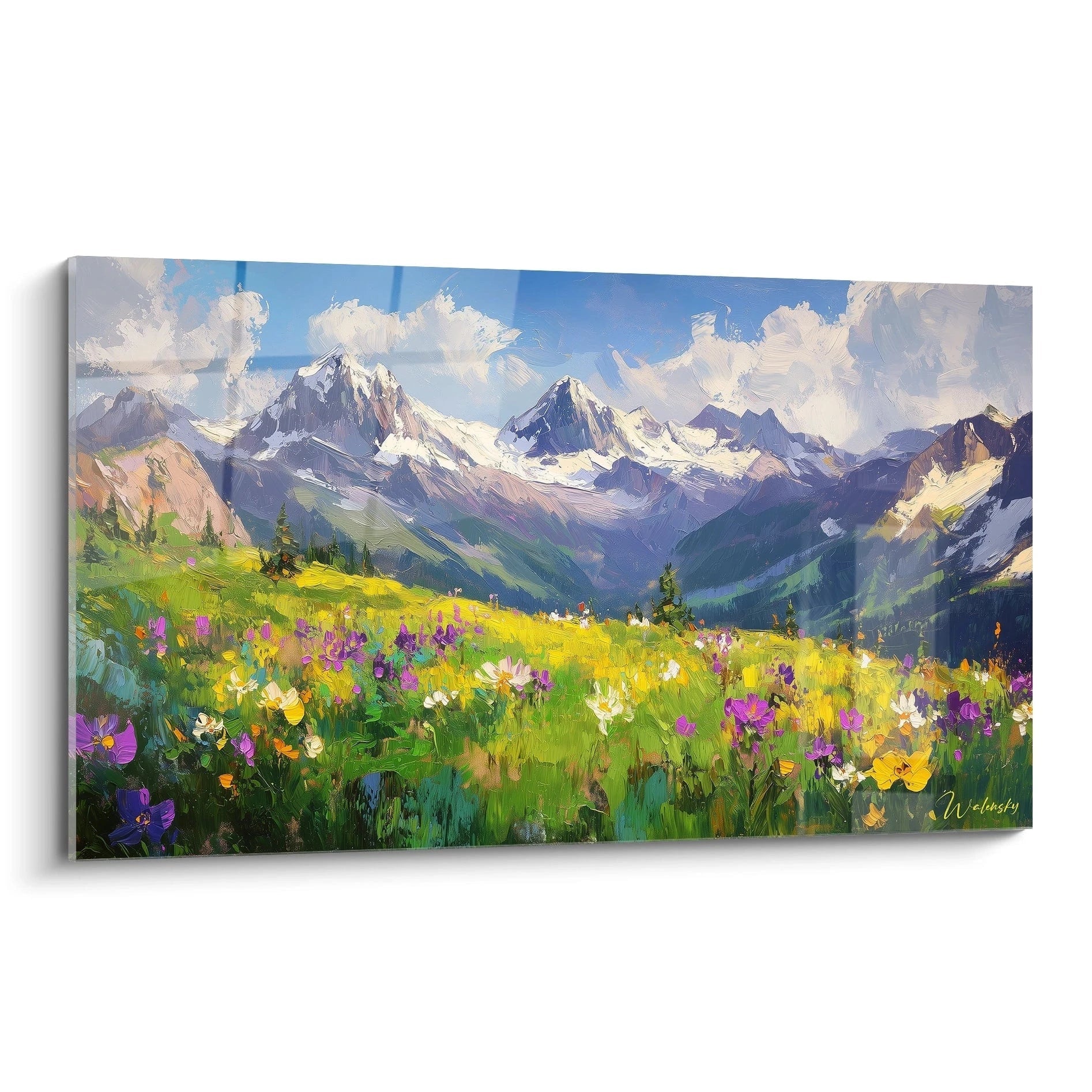 Un tableau montagne représentant un paysage alpin avec des sommets enneigés en arrière-plan, une prairie fleurie multicolore au premier plan, dominé par des teintes bleues, vertes et blanches.
