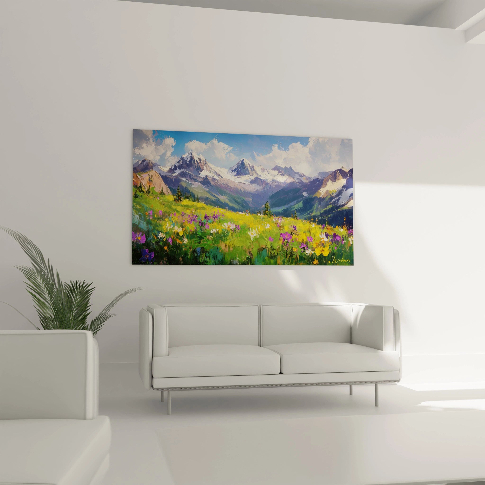 Tableau montagne panoramique illustrant des pics rocheux bleutés partiellement enneigés, des alpages verdoyants parsemés de fleurs colorées, réalisé avec des touches impressionnistes visibles.
