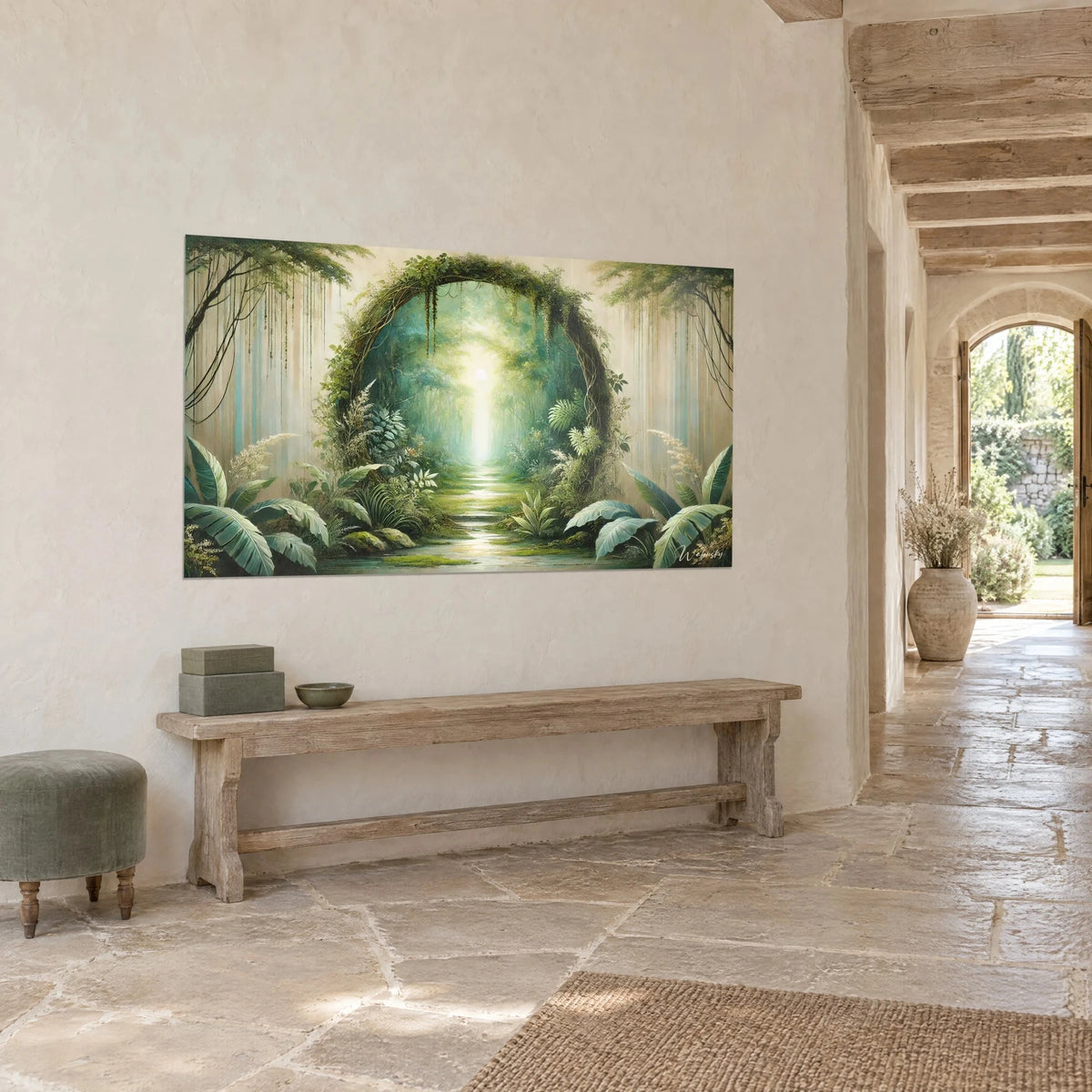 Wall art circular plant portal, blue-green banana leaves on a beige background, hung in three-quarter view beside a stone bench