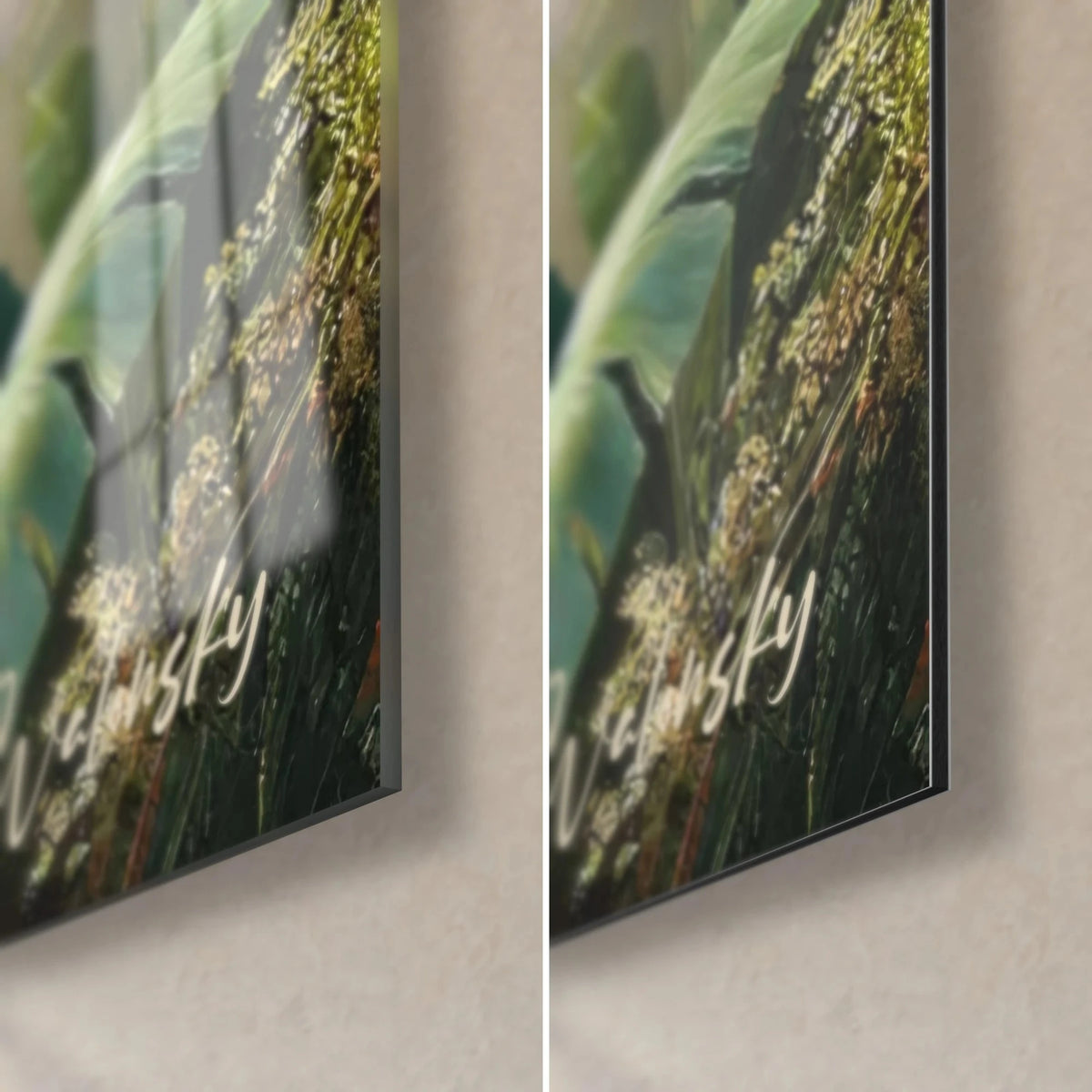 Wall art canopy of mint-green foliage and ferns, bottom right corner: glossy acrylic glass on the left, matte Dibond on the right, 3 mm edge