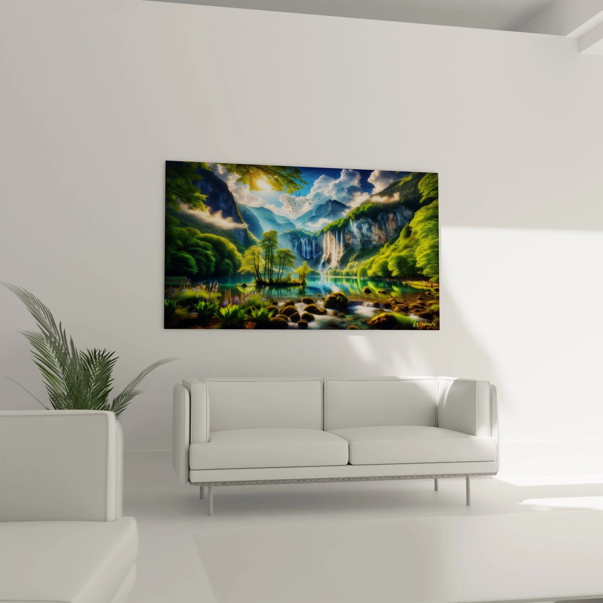 Tableau paysage figurant un environnement montagneux avec forêt dense, rivière en premier plan, cascades verticales, et textures détaillées de mousse, roche et végétation.

