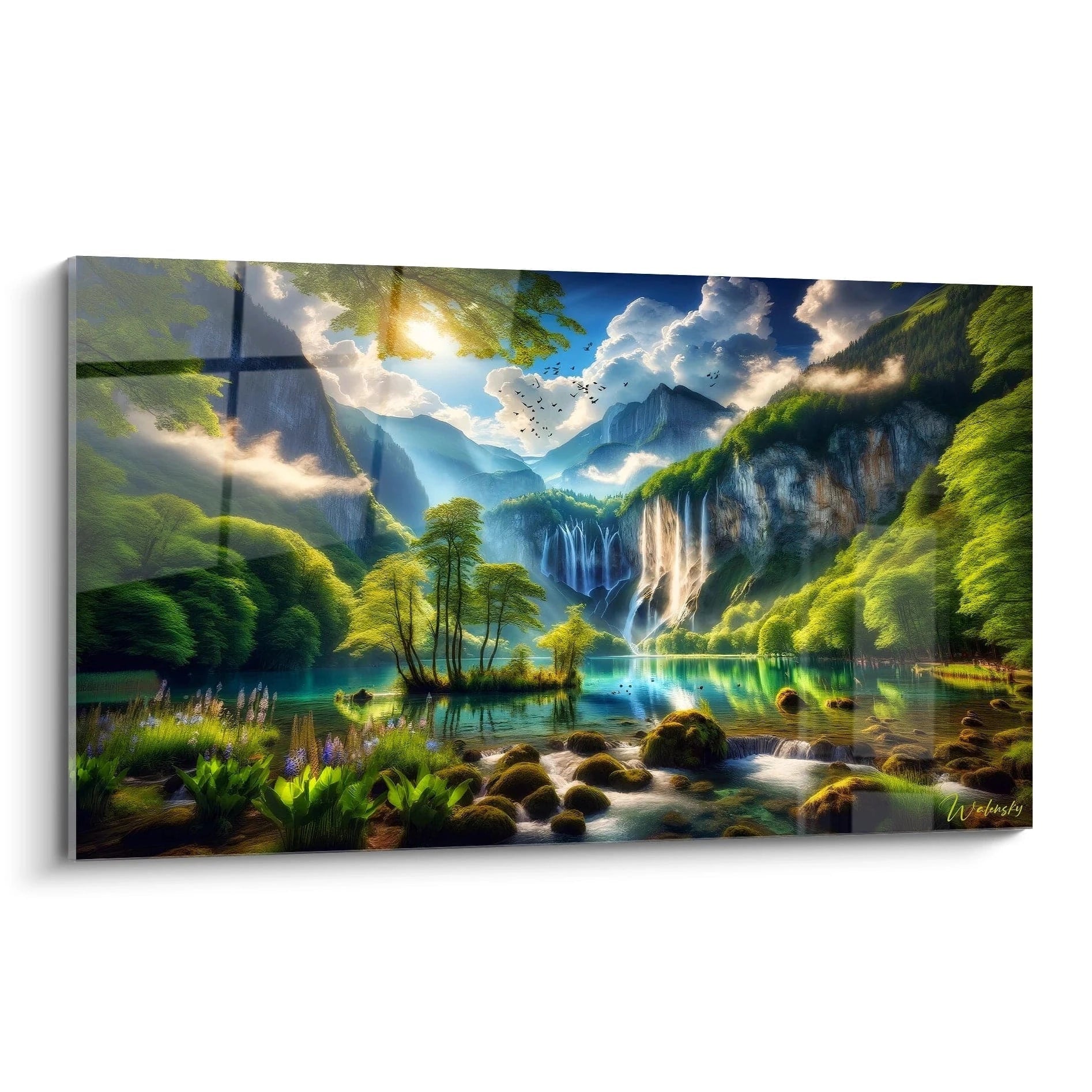 Tableau paysage représentant une vallée forestière avec cascades en arrière-plan, lac turquoise, feuillages verts lumineux, et textures rocheuses et aquatiques visibles.

