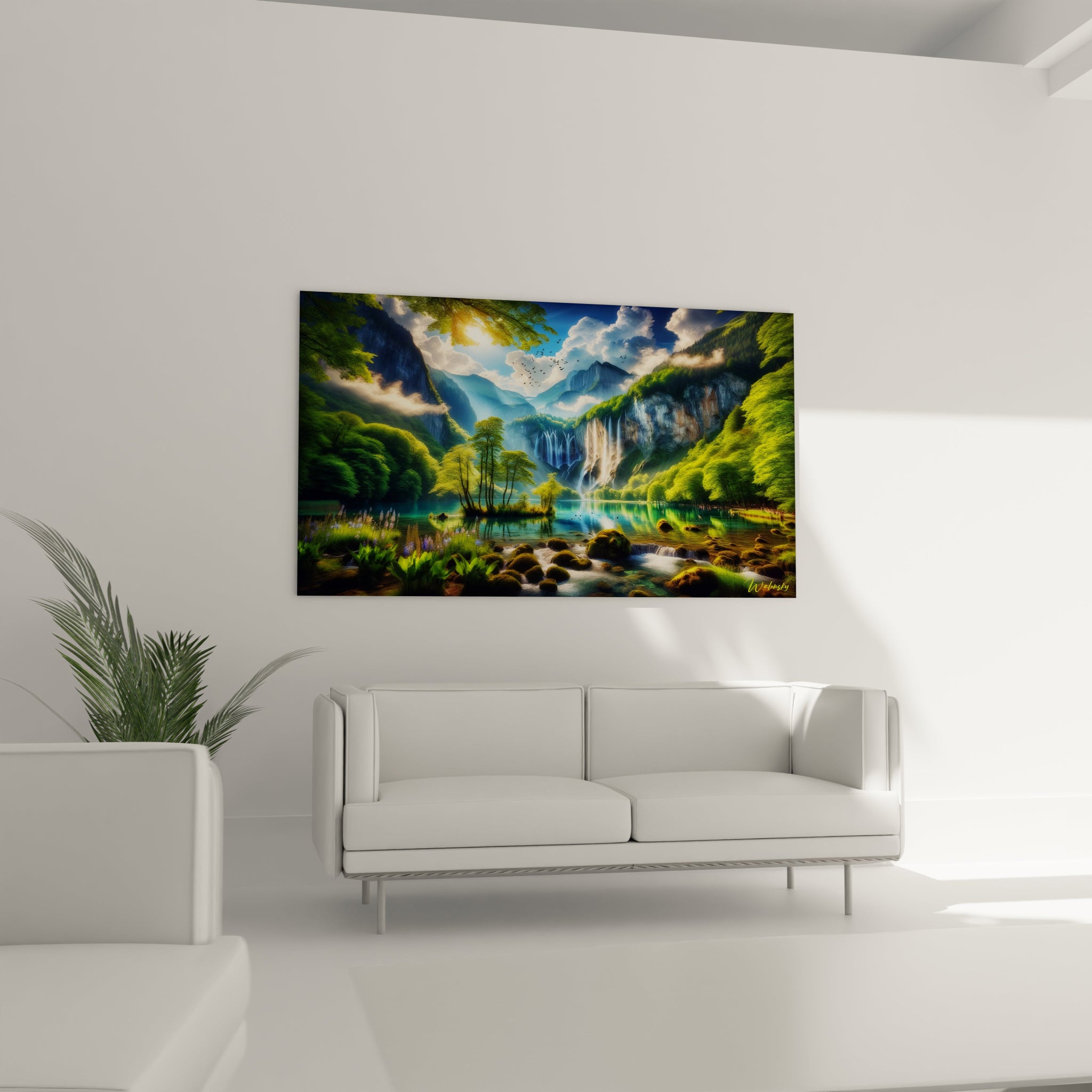 Tableau paysage figurant un environnement montagneux avec forêt dense, rivière en premier plan, cascades verticales, et textures détaillées de mousse, roche et végétation.

