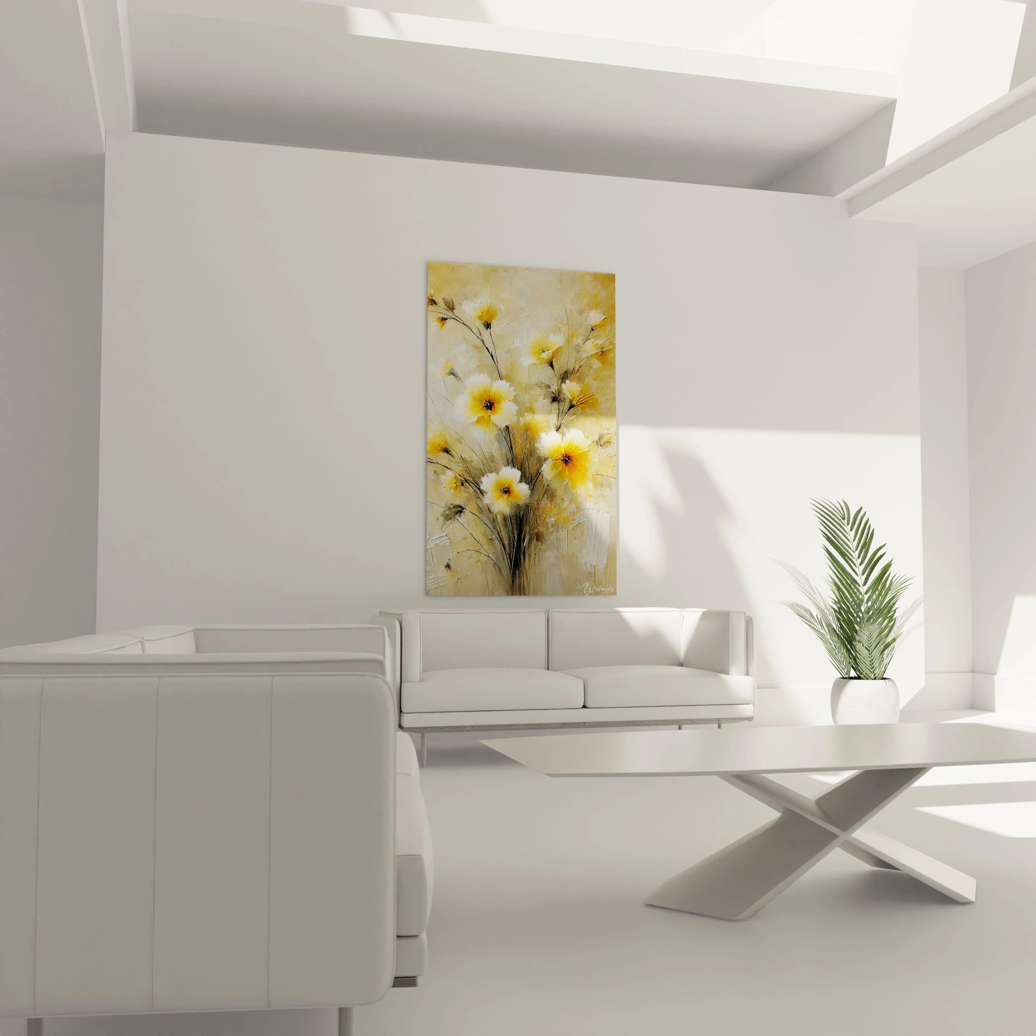 Tableau 'Effleurement Doré' illuminant le salon. Les fleurs dorées s’accordent à merveille avec la déco, créant une atmosphère chaleureuse au-dessus du canapé."