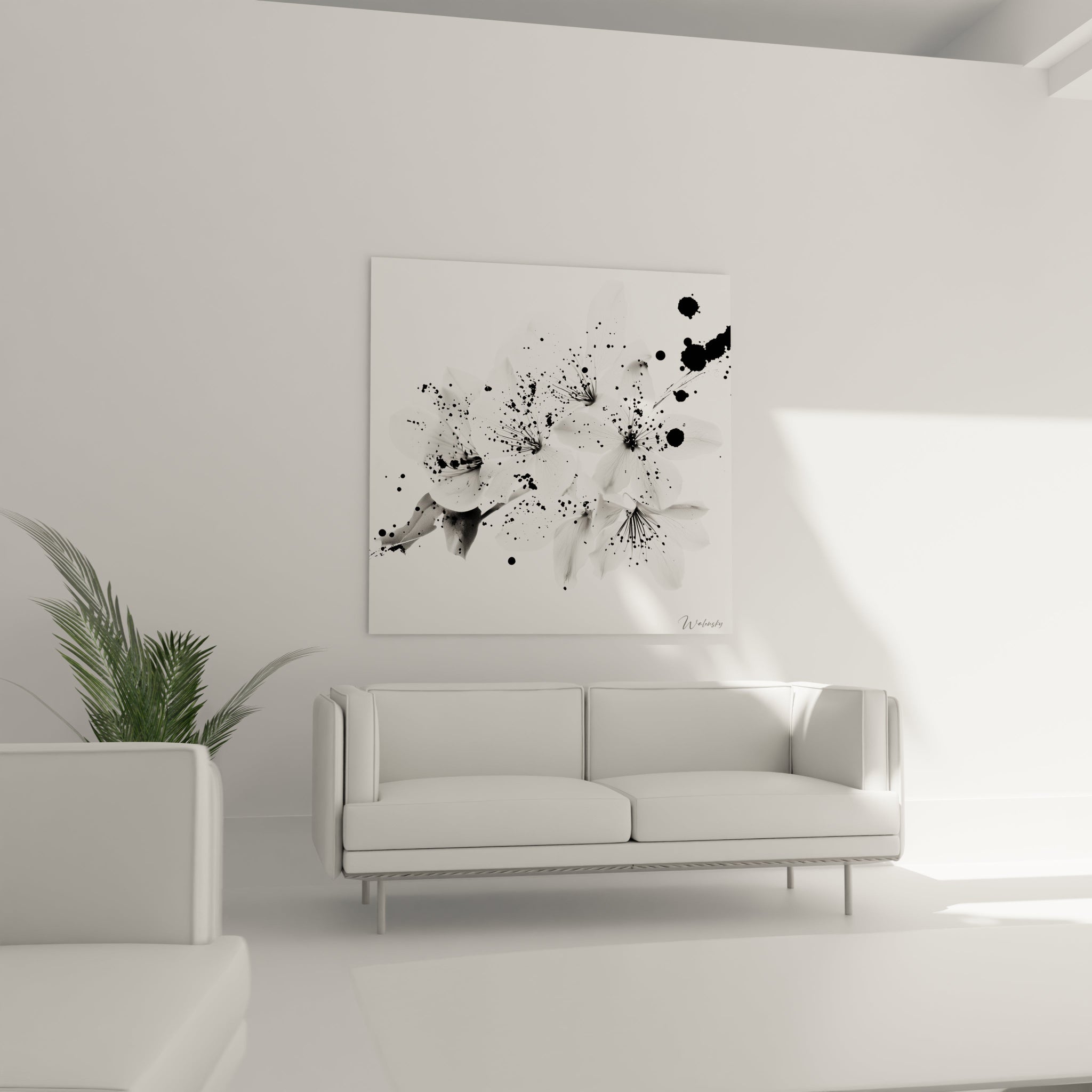 Tableau tacheté noir et blanc de Walensky représentant des fleurs sur un mur moderne