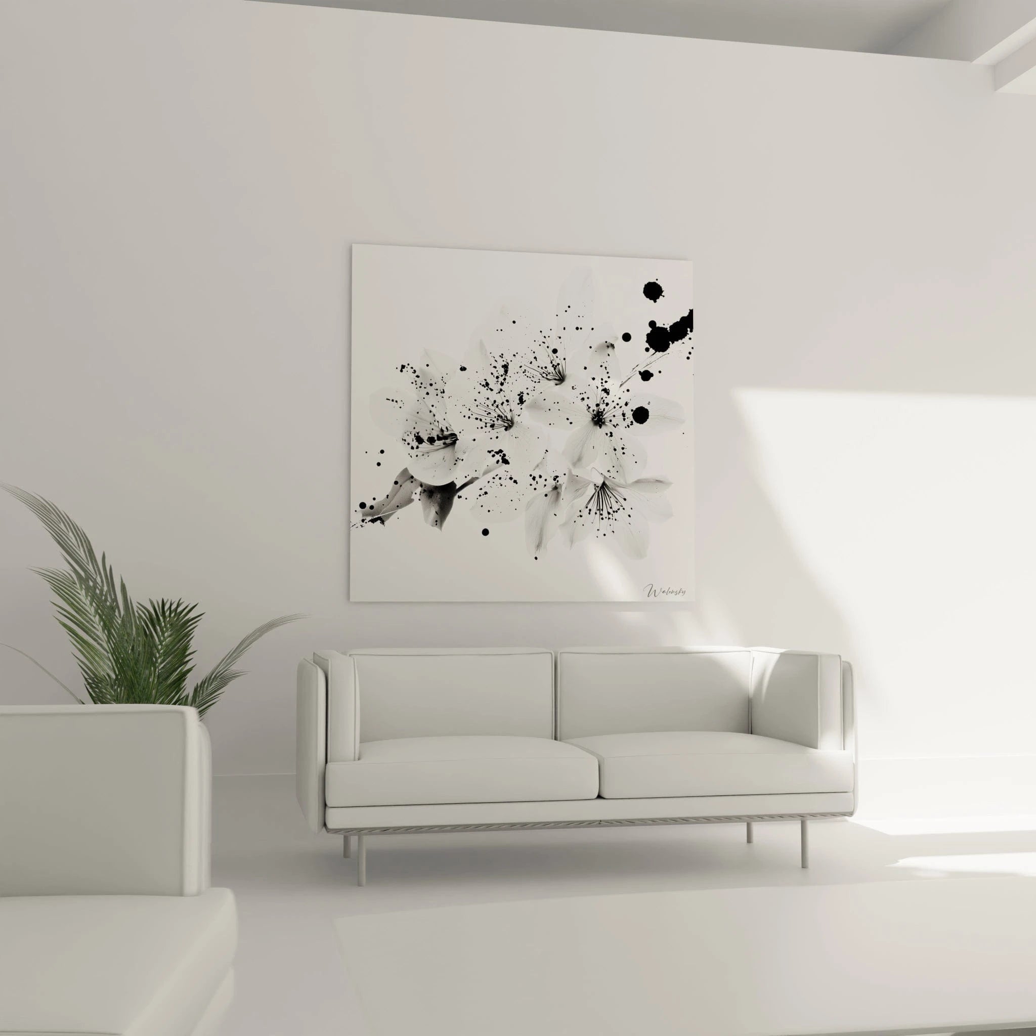 Tableau tacheté noir et blanc de Walensky représentant des fleurs sur un mur moderne