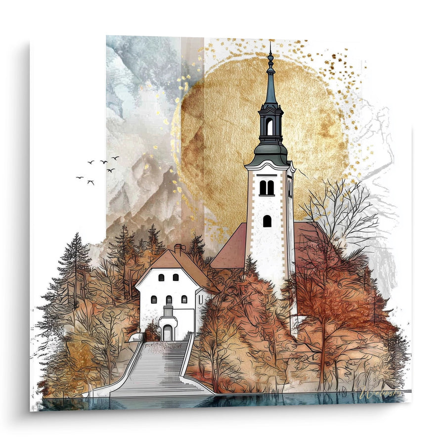 Tableau église alpine au bord du lac - Sérénité montagnes - édition Lac