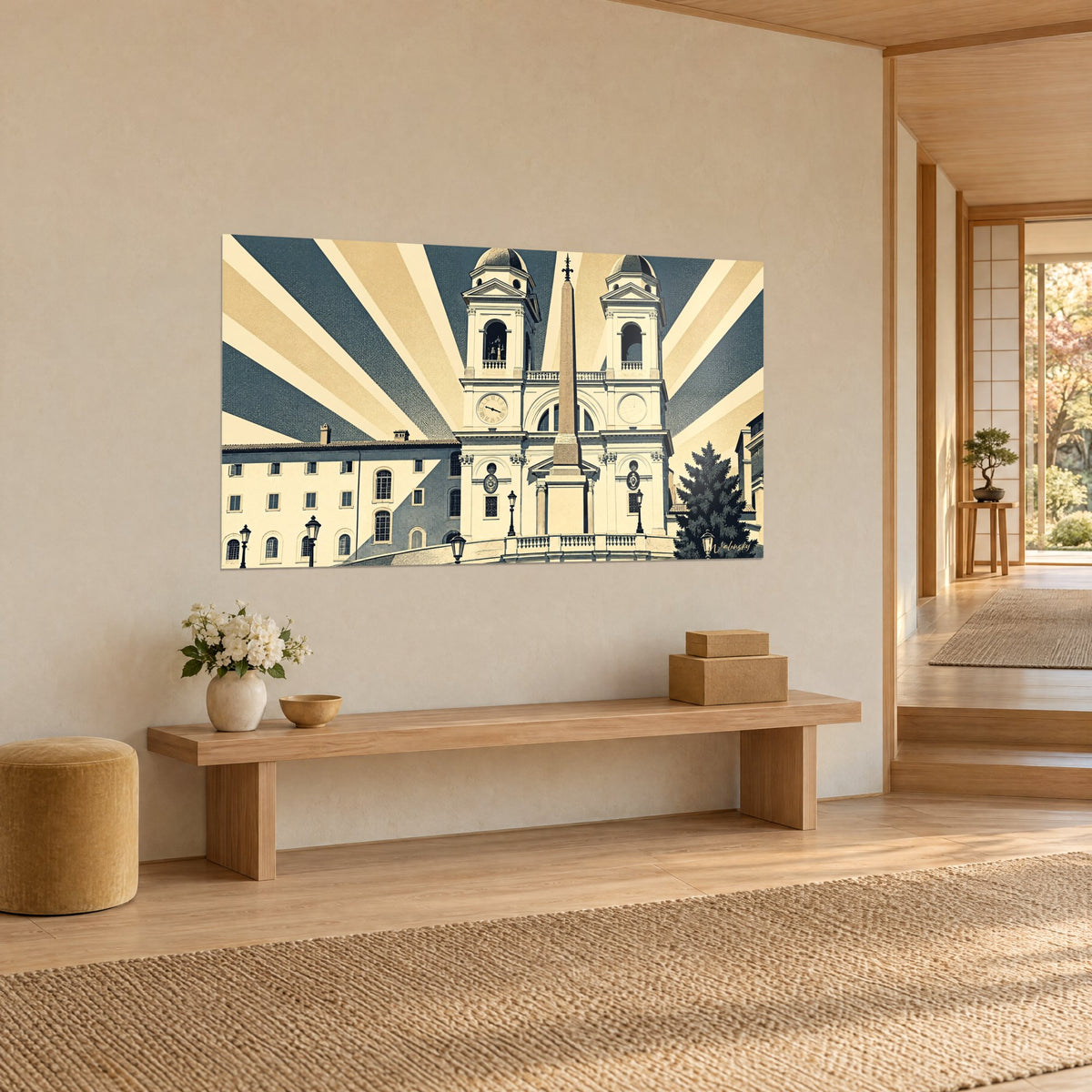 Tableau église blanche aux horloges et balustrades, obélisque ocre au centre, rayons ardoise et sable, vue de trois-quarts sur une banquette en bois
