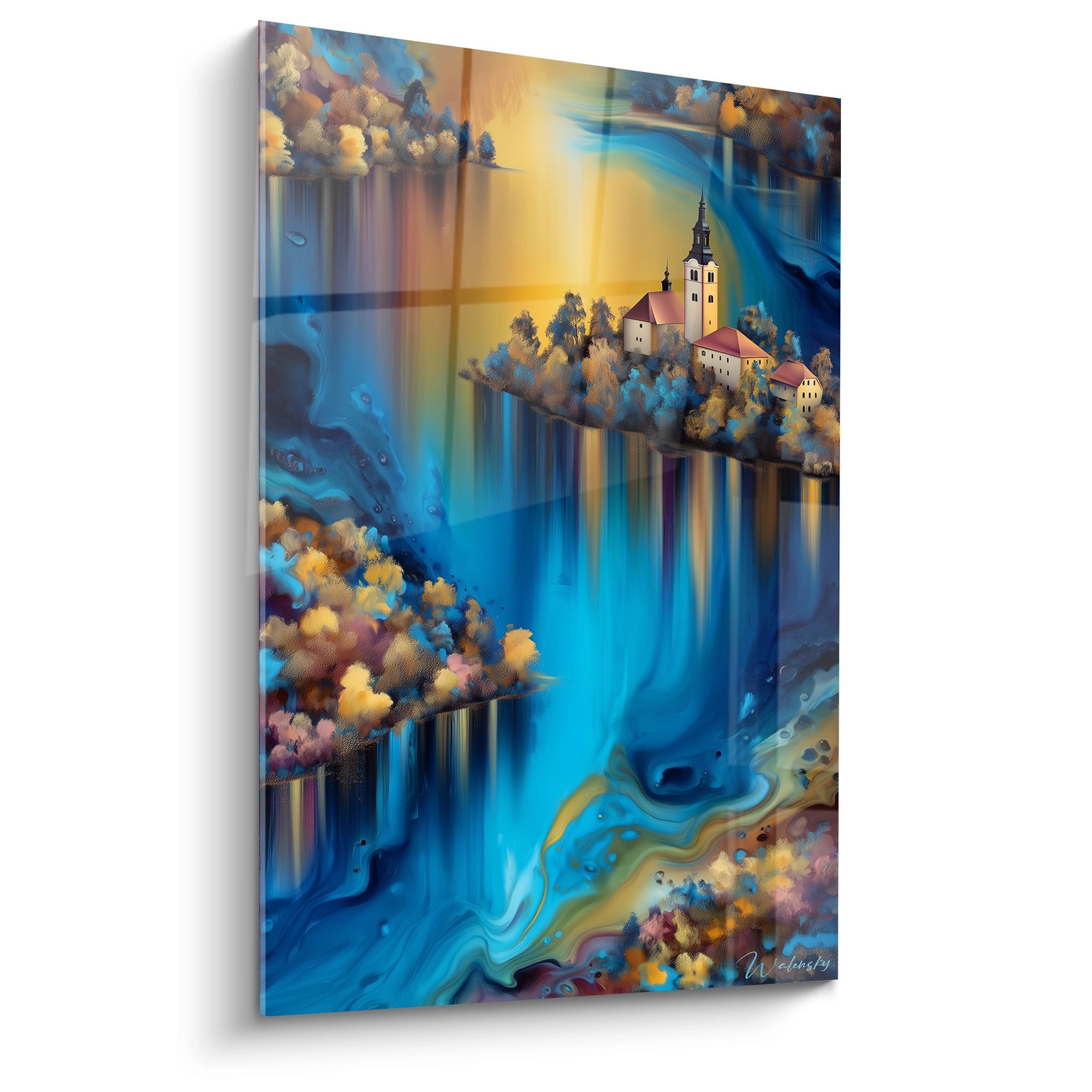 Tableau église sur île avec reflets abstraits bleus et dorés, art mural spirituel moderne