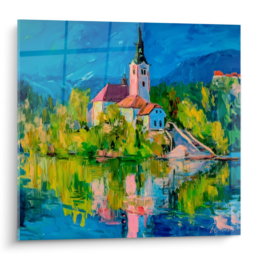 Tableau église sur île alpine - Reflets colorés - édition Lac
