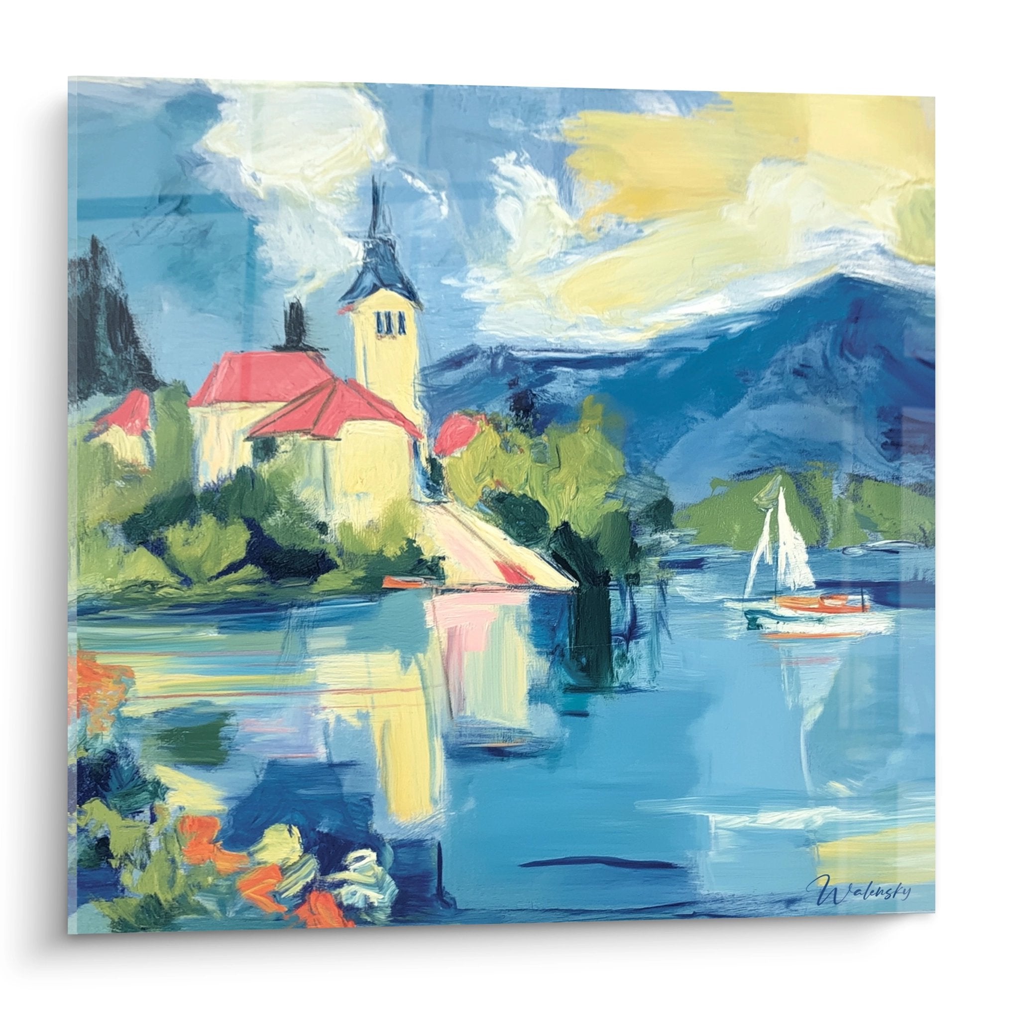 Tableau mural église au bord lac montagne style impressionniste tons bleus ocres décoration alpine