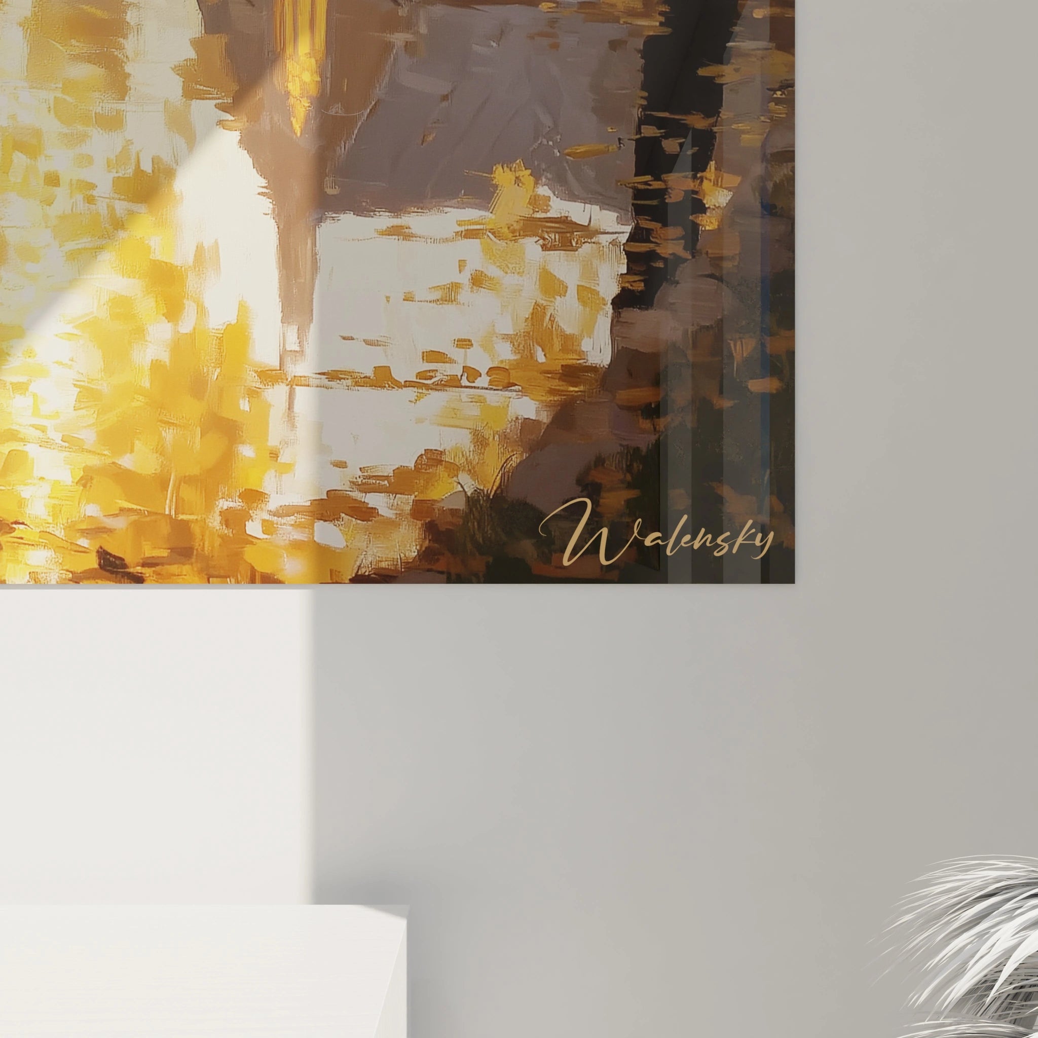 Tableau mural Walensky aux tons dorés et bruns montrant une église en automne tableau église automne signé Walensky