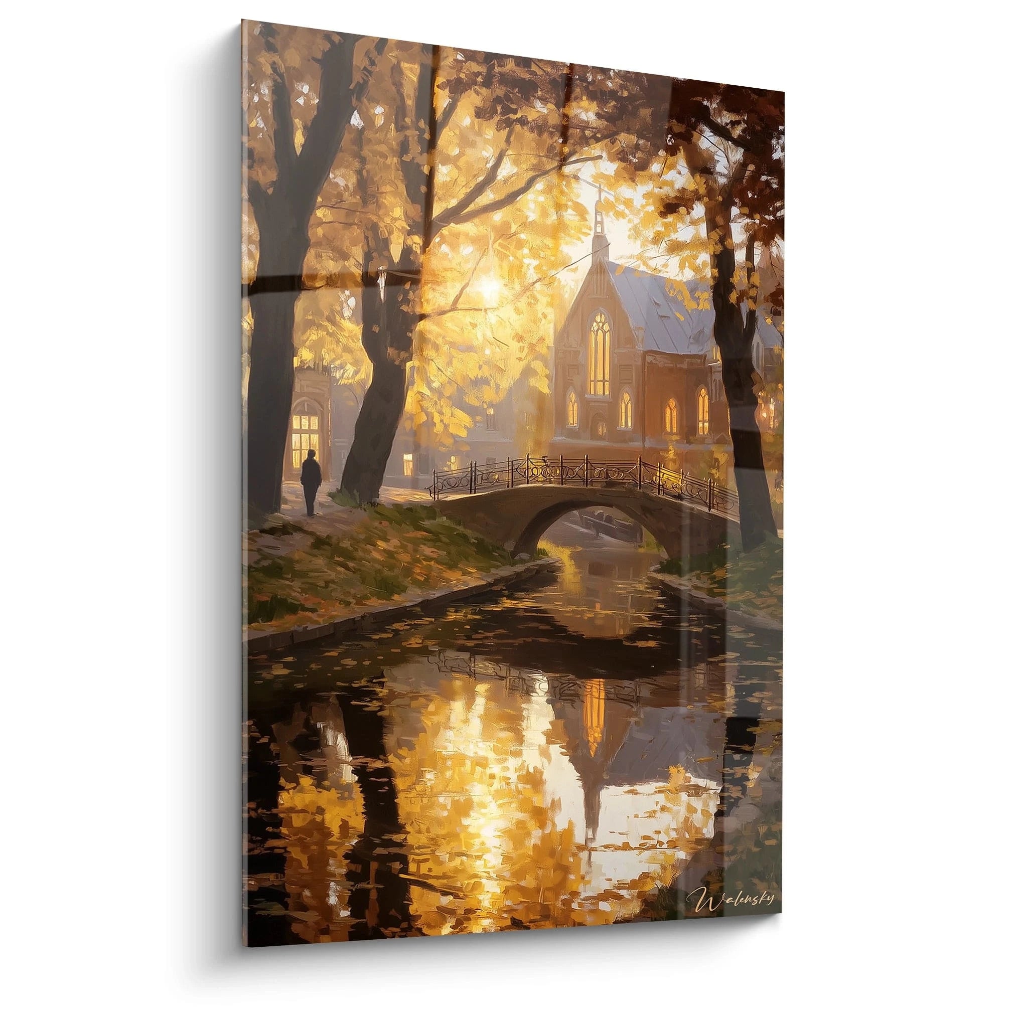 Tableau mural Walensky d'une église au bord d'un canal en automne avec pont, arbres et reflets tableau église automne