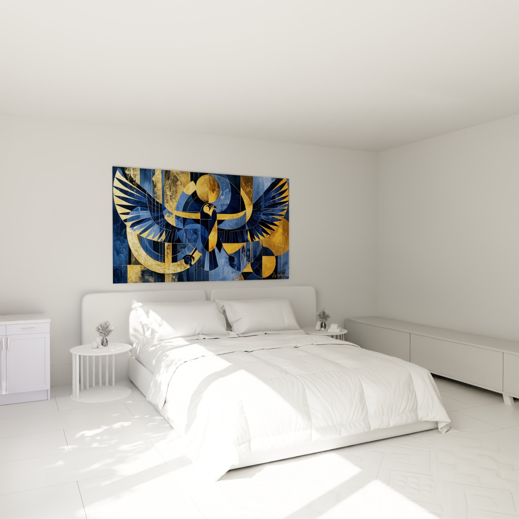 Faucon Horus doré aux ailes larges, bleu profond, au-dessus d'un lit dans une chambre claire