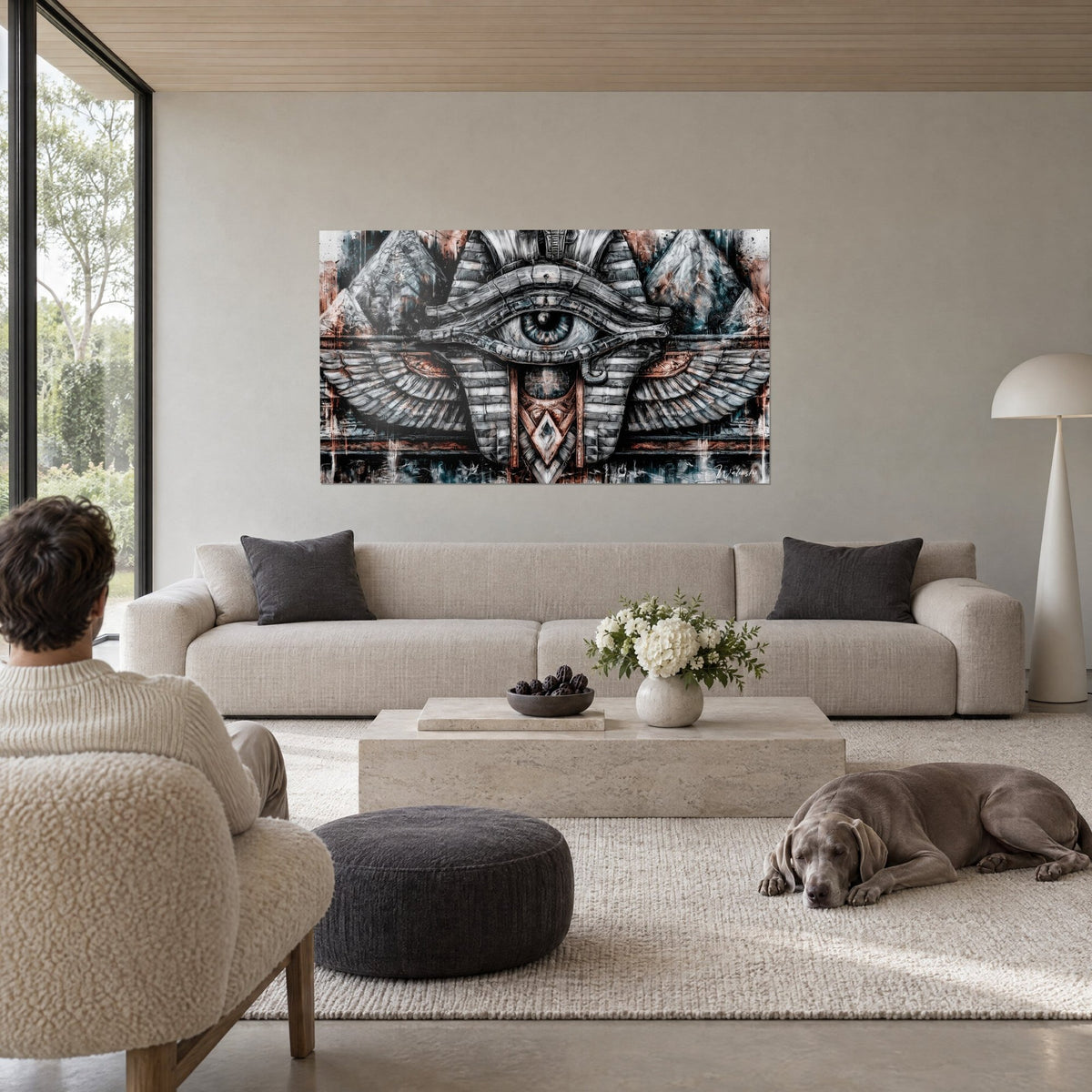Wall art Eye of Horus in grey and copper with outstretched wings, pyramids in the background, man seen from behind, dog above a sofa in a bright living room