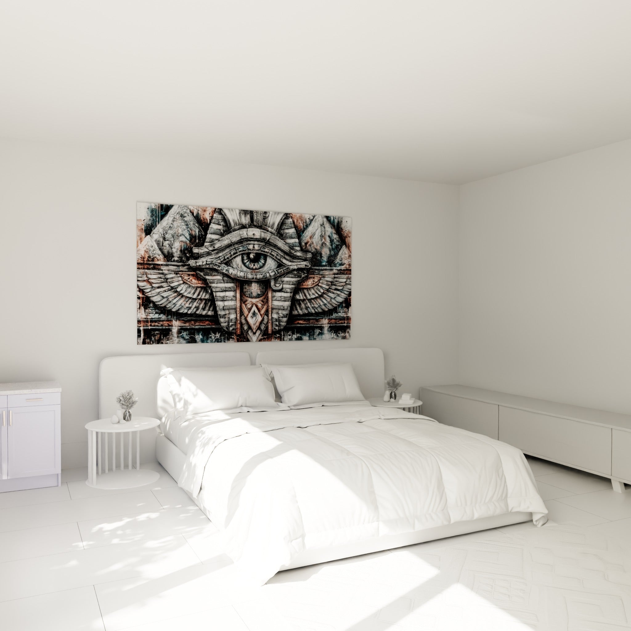 Symbole protecteur égyptien anthracite et bronze accroché au-dessus d'un lit dans une chambre claire