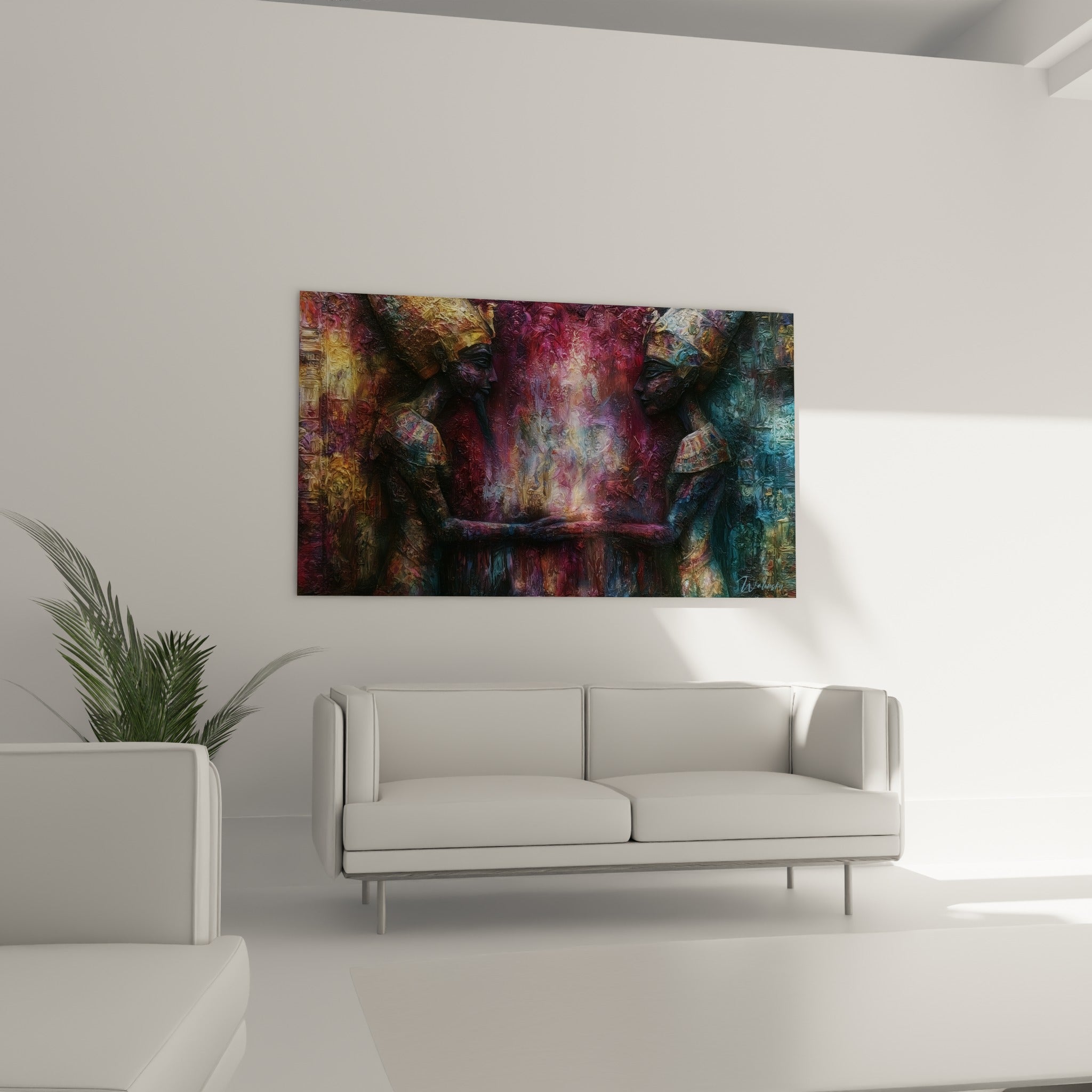Figures égyptiennes grenat et bleu anthracite au-dessus d'un canapé dans un salon lumineux
