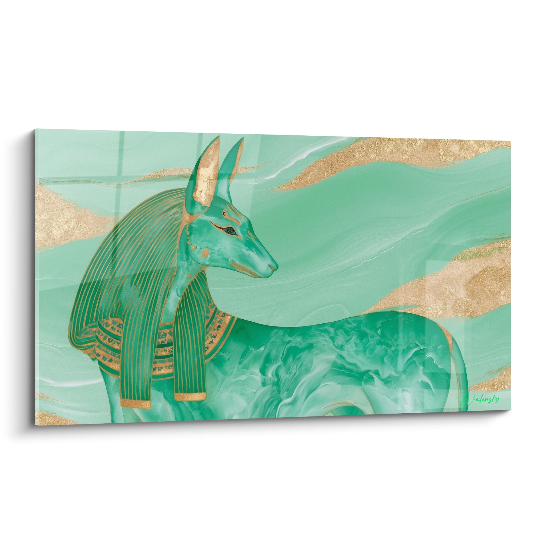 Anubis vert émeraude et doré, tête de chacal stylisée, effet marbré et rayures ocre sur toile
