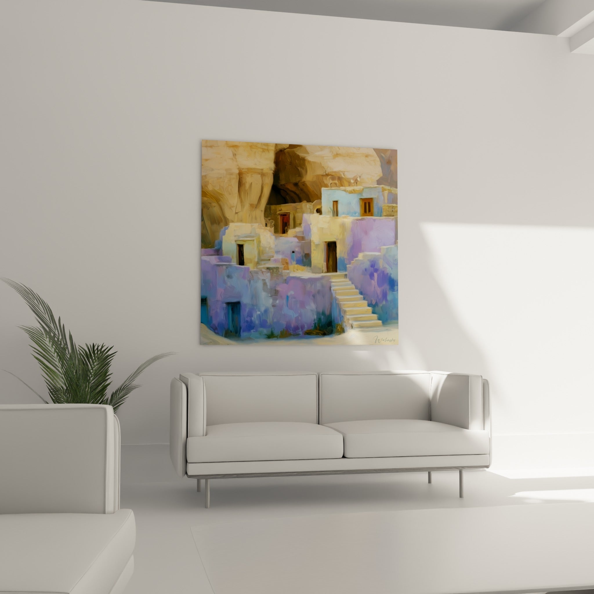 Architecture troglodyte mauve et beige d'Égypte au-dessus d'un canapé dans un salon lumineux