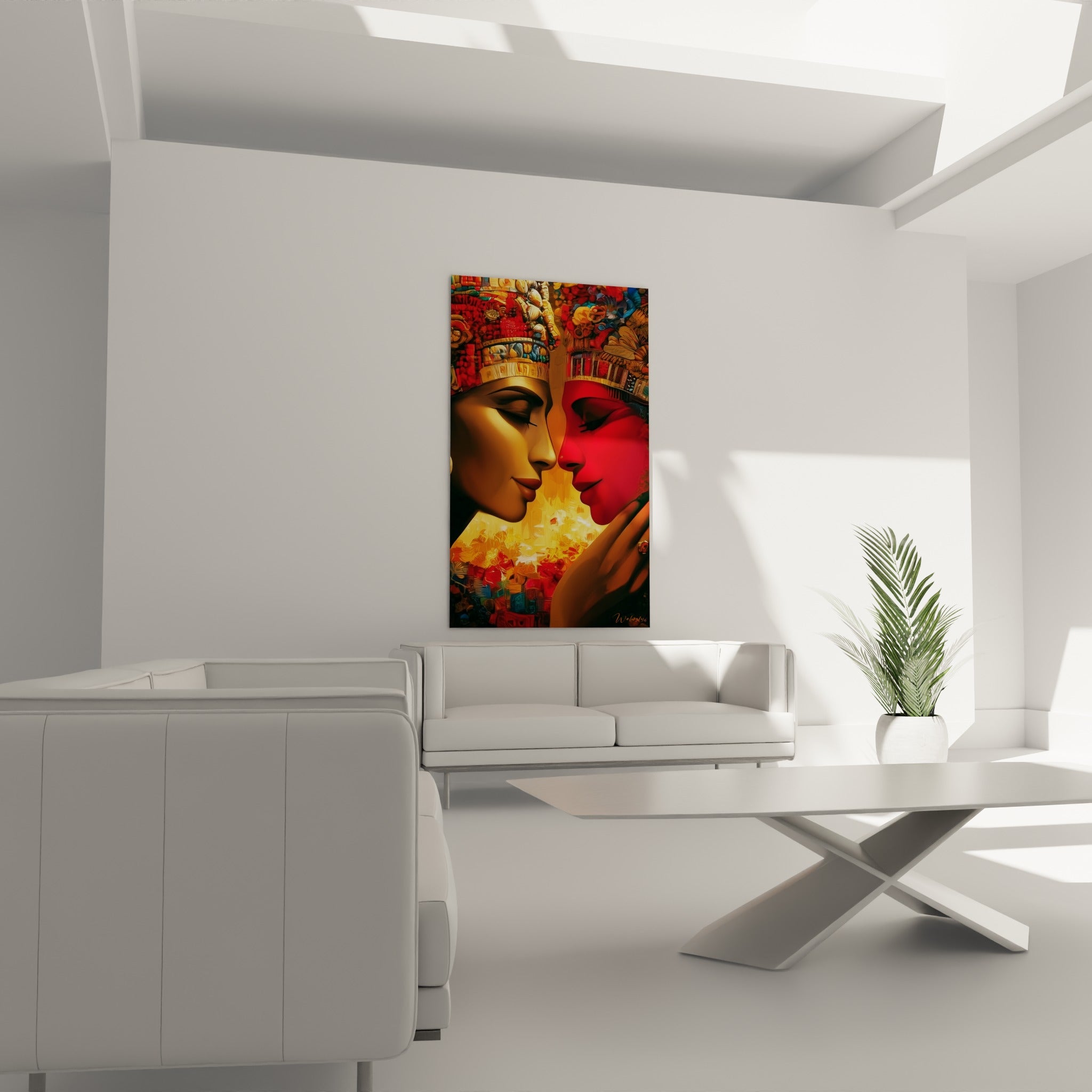 Profils égyptiens dorés et écarlates se frôlant tendrement, au-dessus d'un canapé dans un salon lumineux